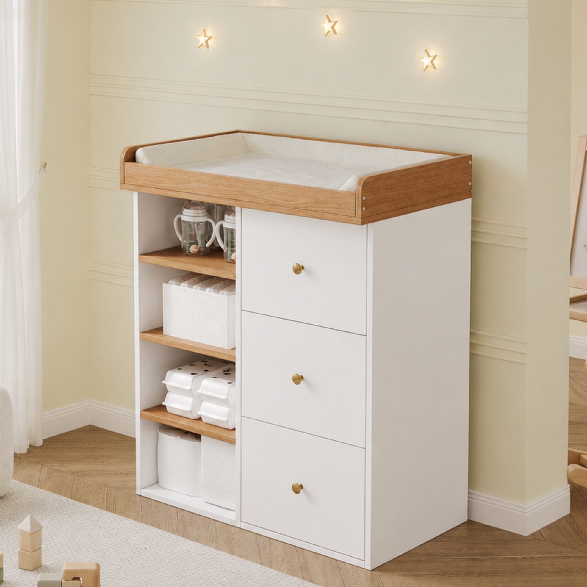 REDOM Wickelkommode Wickelmöbel – 2-in-1, abnehmbar & vielseitig, 82×50×100 cm, Schubladen, stabil, praktisch, Weiß+Natur