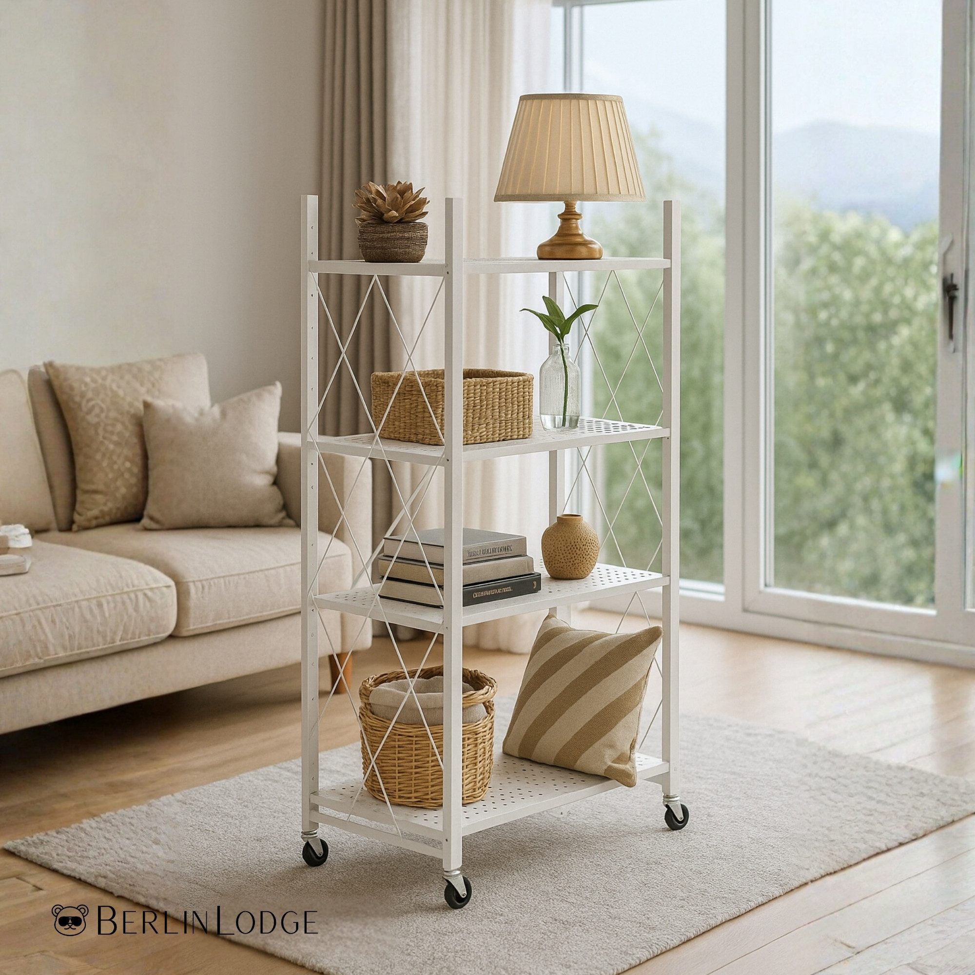 BERLINLODGE® Schwerlastregal Mehrzweckregal Wohnreal Küchenregal Rollbares Klappregal KLAP, Schnell aufgeklappt, platzsparend verstaut, 50 kg Tragkraft je Ebene