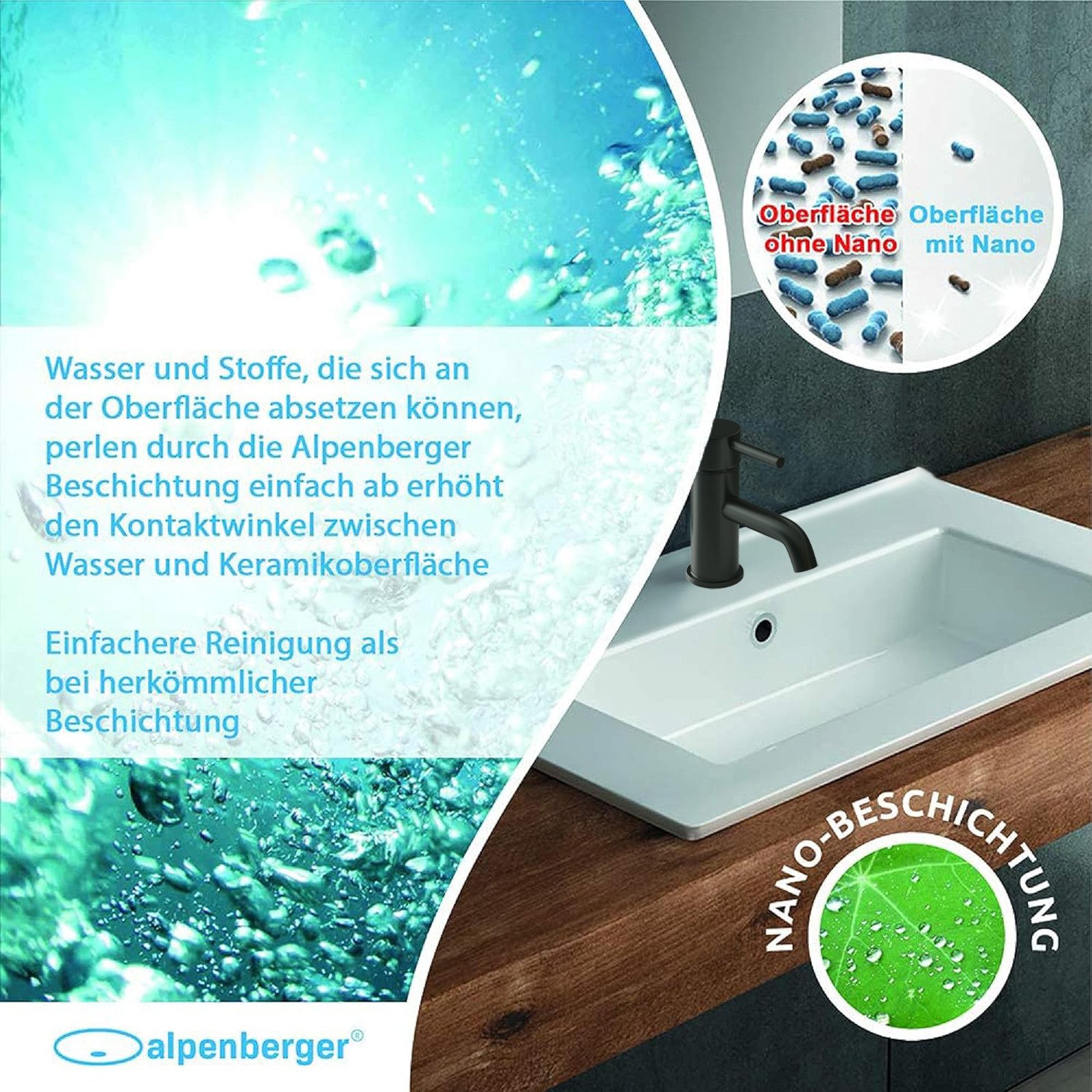 Alpenberger Einbauwaschbecken Waschbecken 60 cm Breit, Keramik Waschtisch mit Nano Beschichtung (1-tlg., Waschbecken Rechteckig mit Beschichtung), Eckiger Wasch – Bild 4 von 5