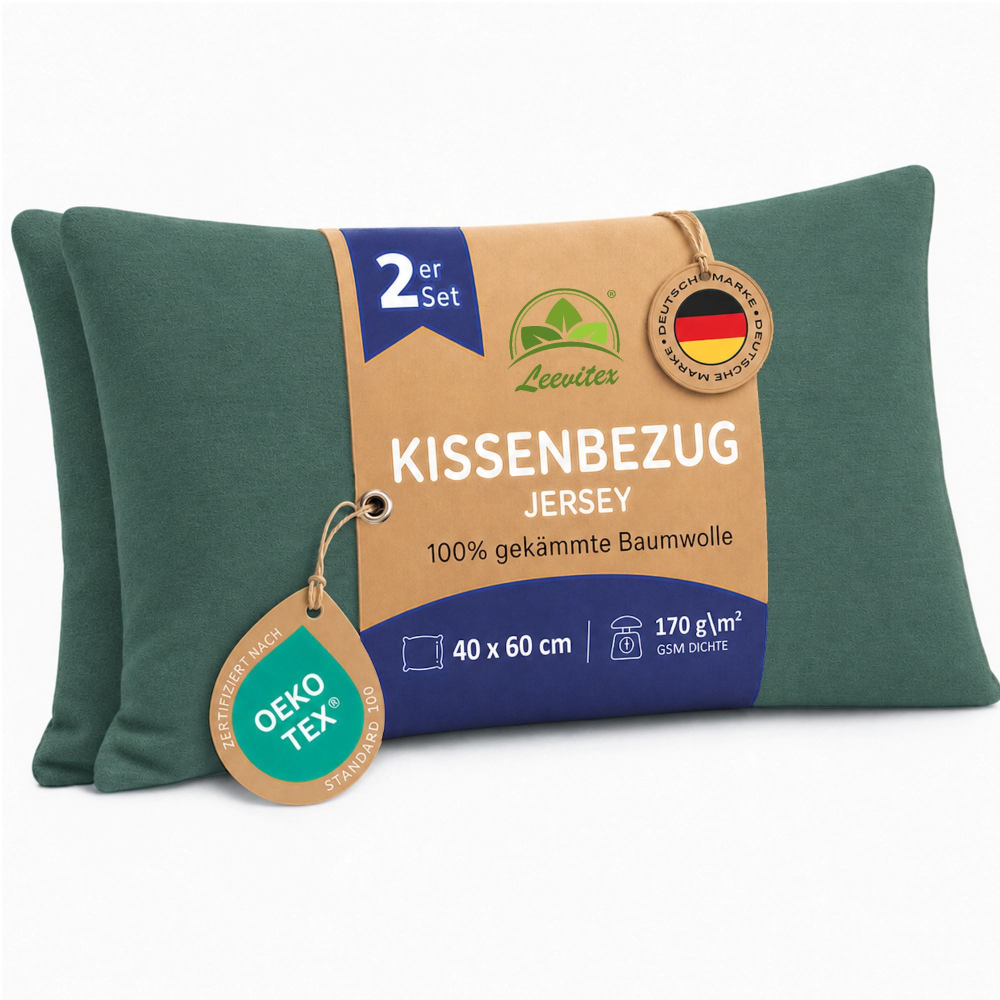 leevitex® Kissenbezüge 40 x 60 cm, 2er-Set, Dunkelgrün, (2 Stück), feine Jersey-Qualität, 100% Baumwolle, robuster Reißverschluss