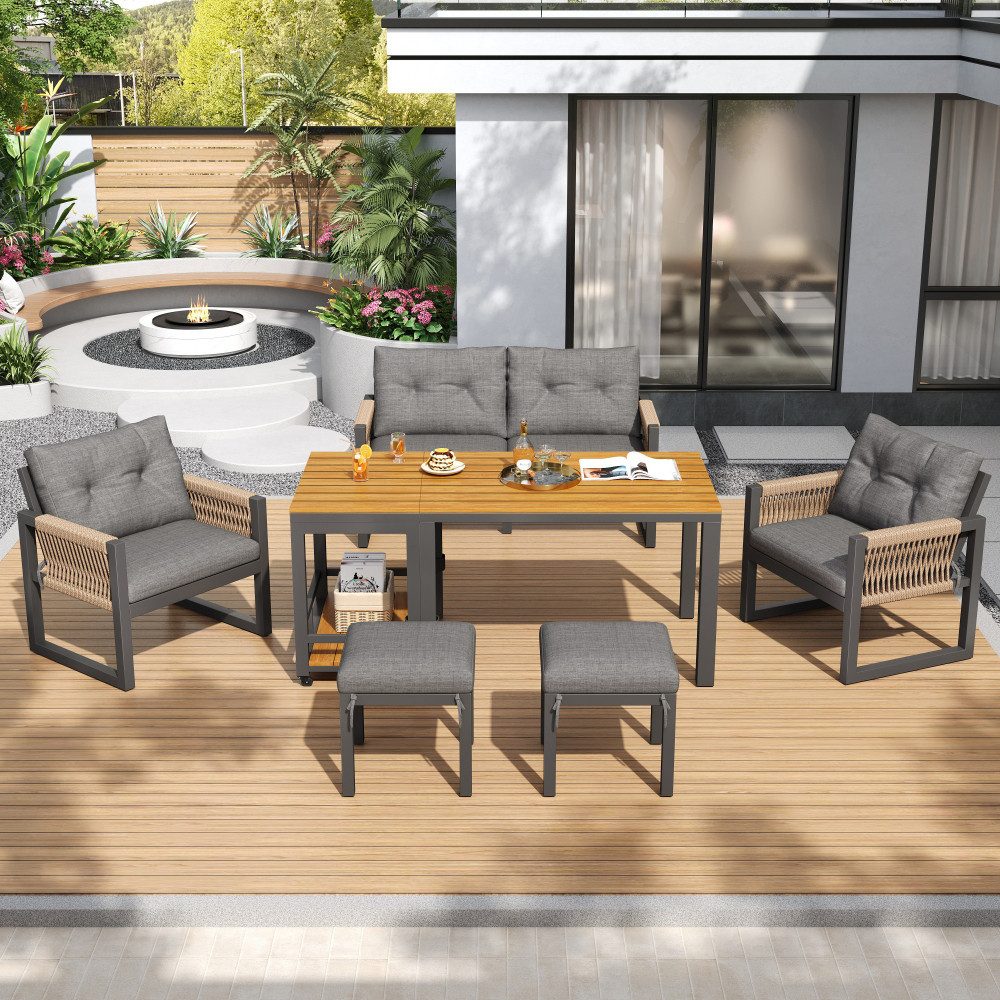 BBG Gartenlounge-Set Gartenmöbel Set 6-teilig Lounge Set Outdoor mit Tisch, (Balkonmöbel Gartenlounge Sitzgruppe mit 2-Sitzer Sofa), 2 Sessel & 2 Hocker, Eisenrahmen, Seilgeflecht Armlehnen