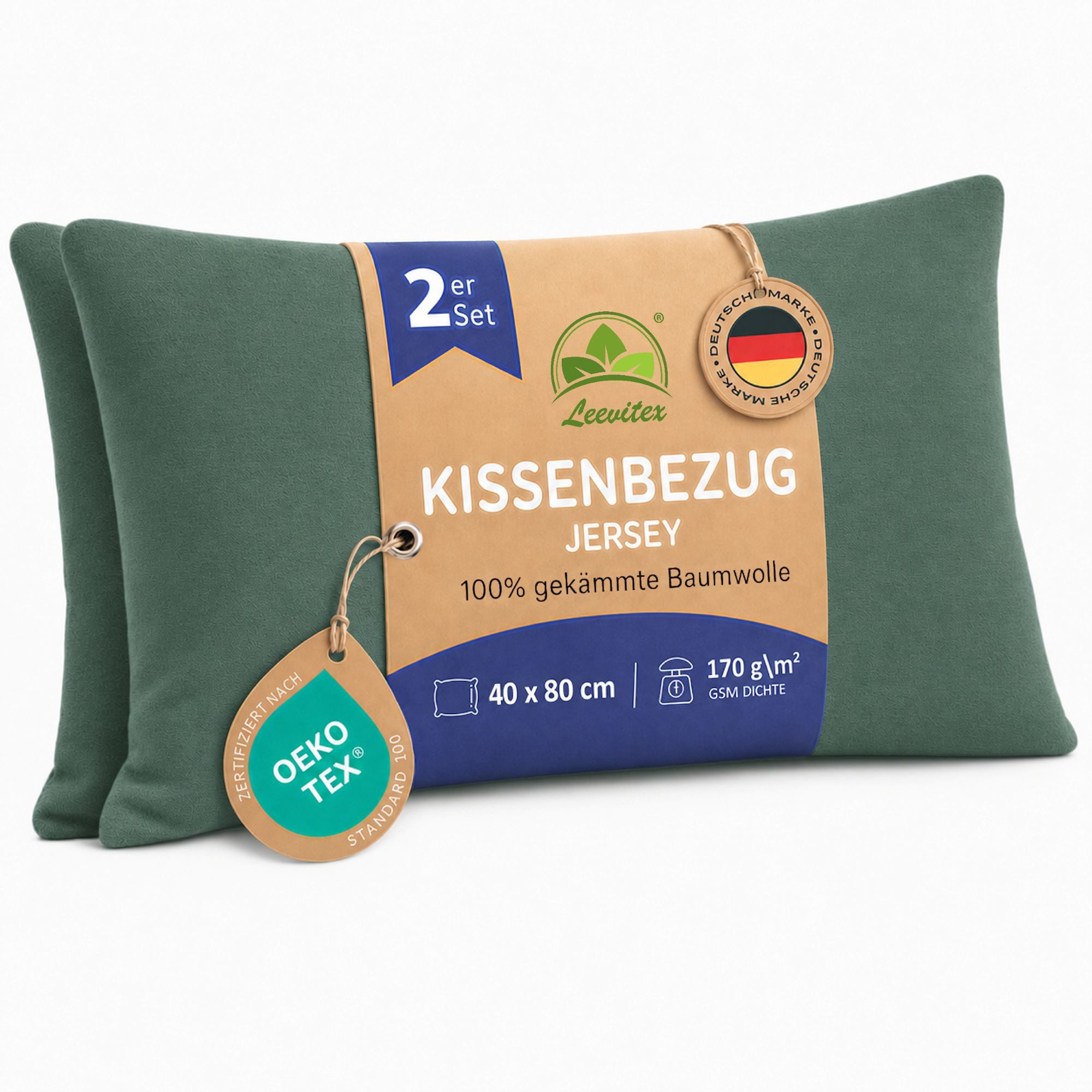 leevitex® Kissenbezüge 40 x 80 cm, 2er-Set, Dunkelgrün, (2 Stück), feine Jersey-Qualität, 100% Baumwolle, robuster Reißverschluss