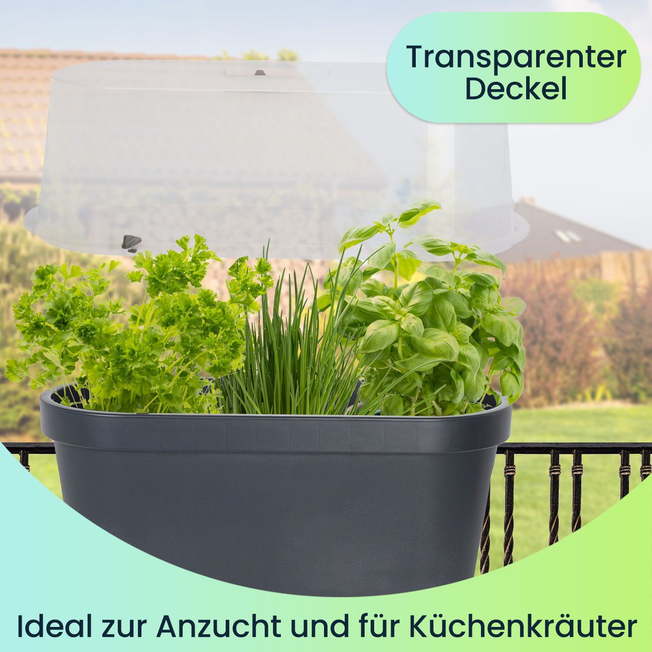 Koopman Blumentopf Geländer-Pflanzkübel Blumentopf 59cm Balkon-Topf mit Haube Anthrazit (1 St., 1er/2er-Set), Balkongeländer-Blumentopf mit Mini-Gewächshaus-Haube & Ablauföffnung