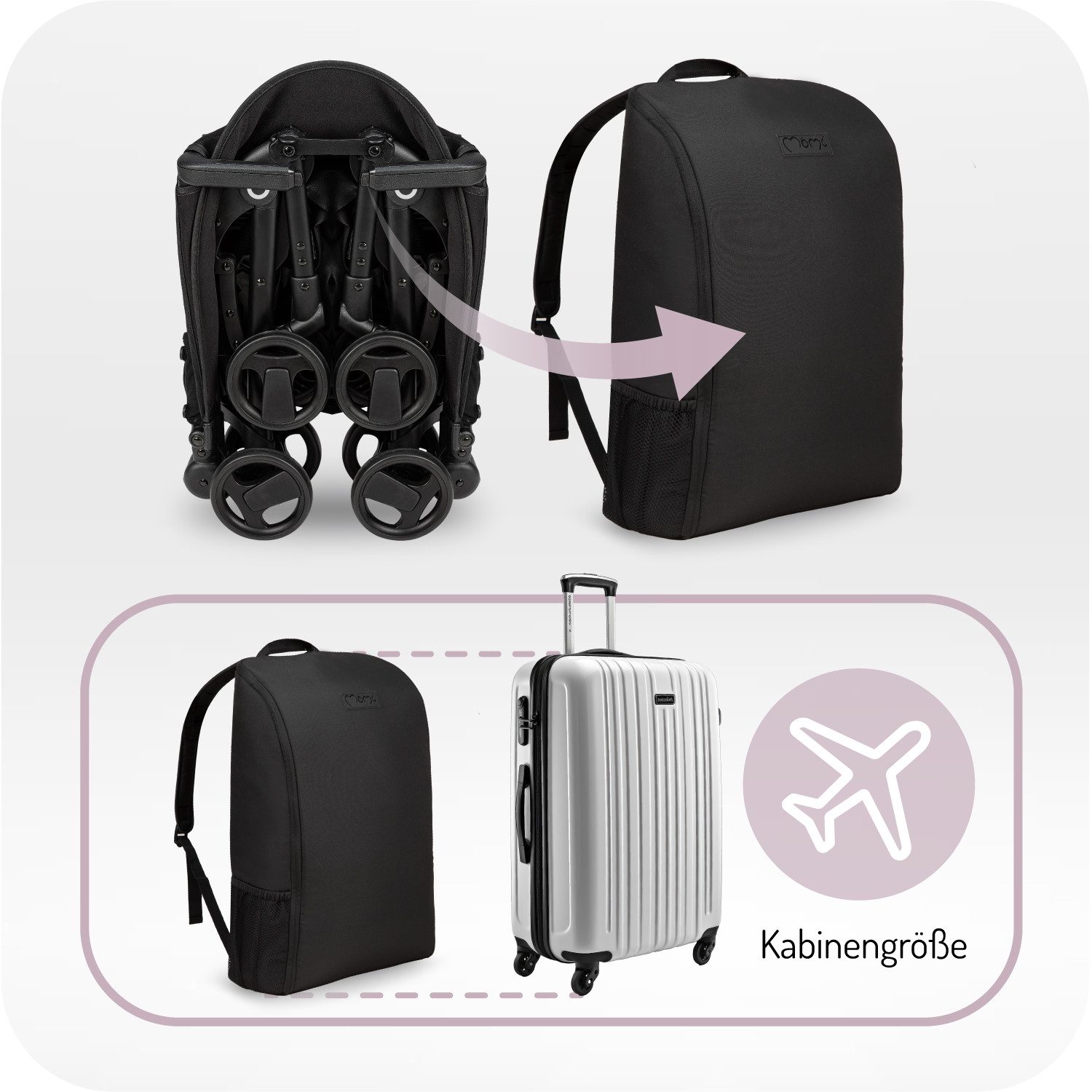 MoMi Kinder-Buggy Grace, mit Rucksack, Einhand-Faltsystem und Standfunktion