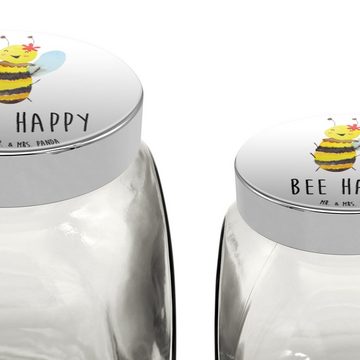 Mr. & Mrs. Panda Vorratsglas XL 2000ml Biene Happy - Weiß - Geschenk, Aufbewahungsglas, Süßigkeite, Premium Glas, (1-tlg), Herzmotiv