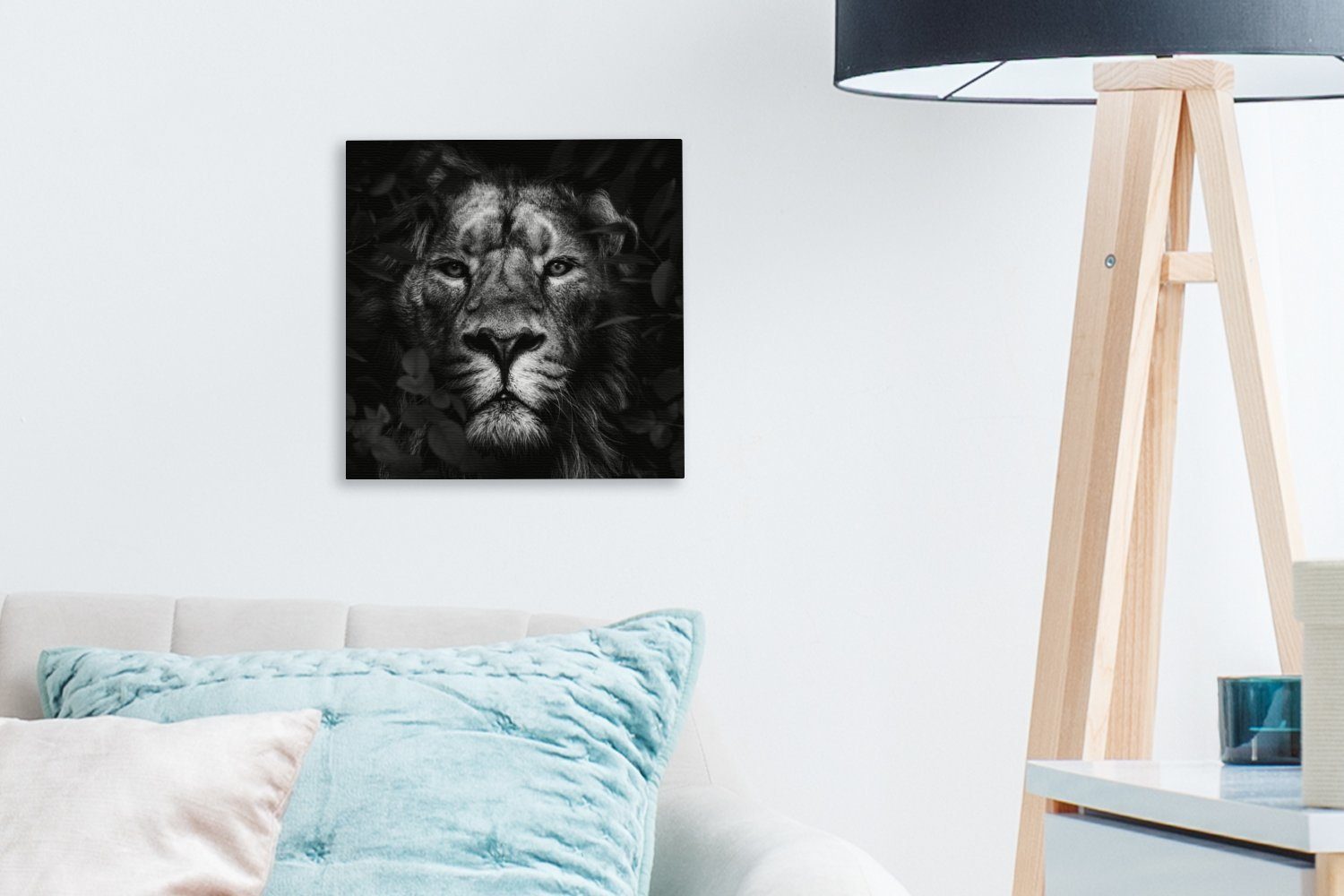 OneMillionCanvasses® - Weiß, (1 Schlafzimmer Leinwand Leinwandbild - Bilder für Wohnzimmer Pflanzen Löwe - - St), Schwarz Dschungel