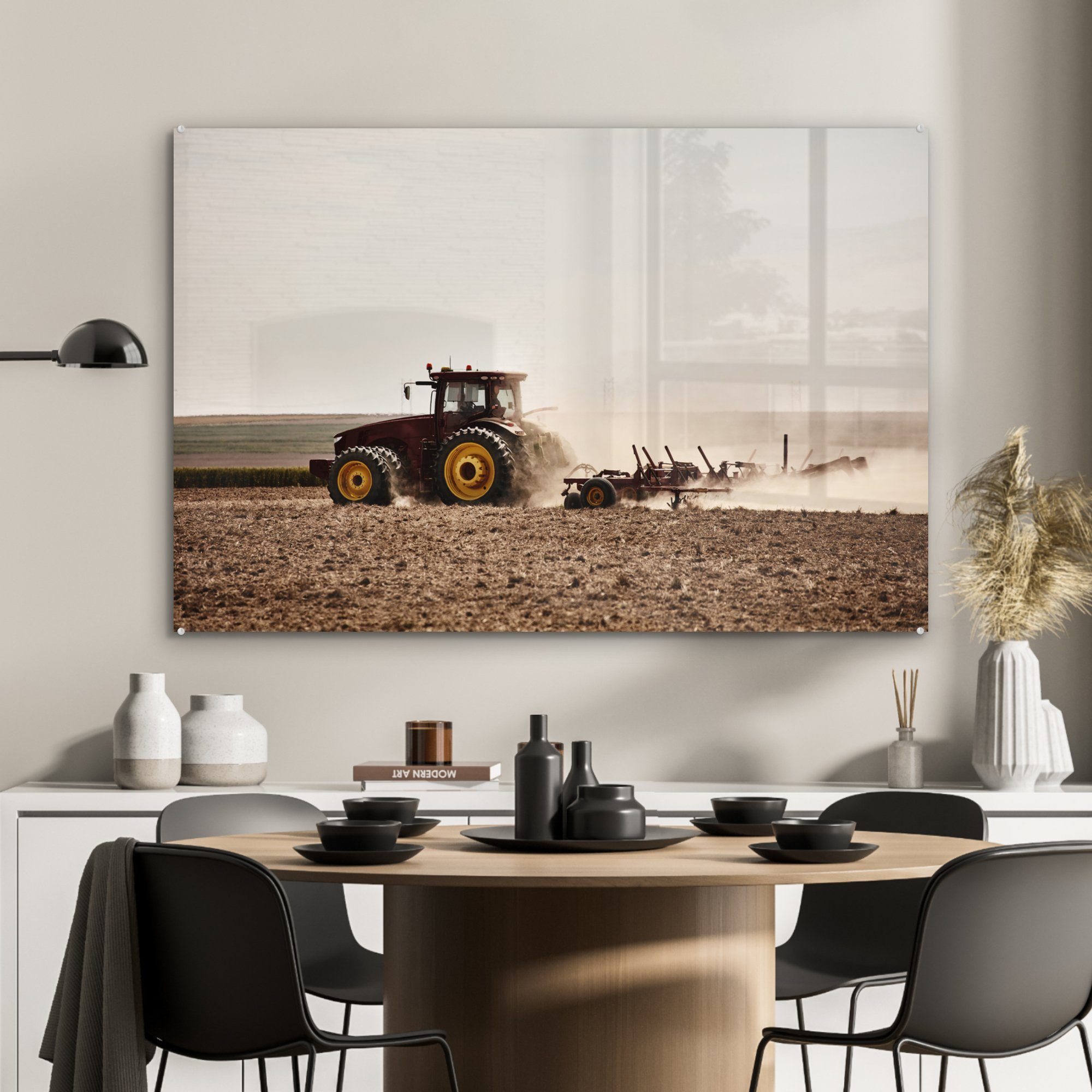 & Acrylglasbilder Schlafzimmer Traktor MuchoWow - - St), Boden, Rot (1 Wohnzimmer Acrylglasbild