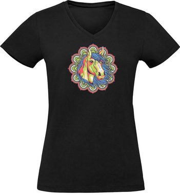 MyDesign24 T-Shirt Damen Pferde Print Shirt - Pferdekopf im Mandala Stil V-Ausschnitt Baumwollshirt mit Aufdruck Slim Fit, i149
