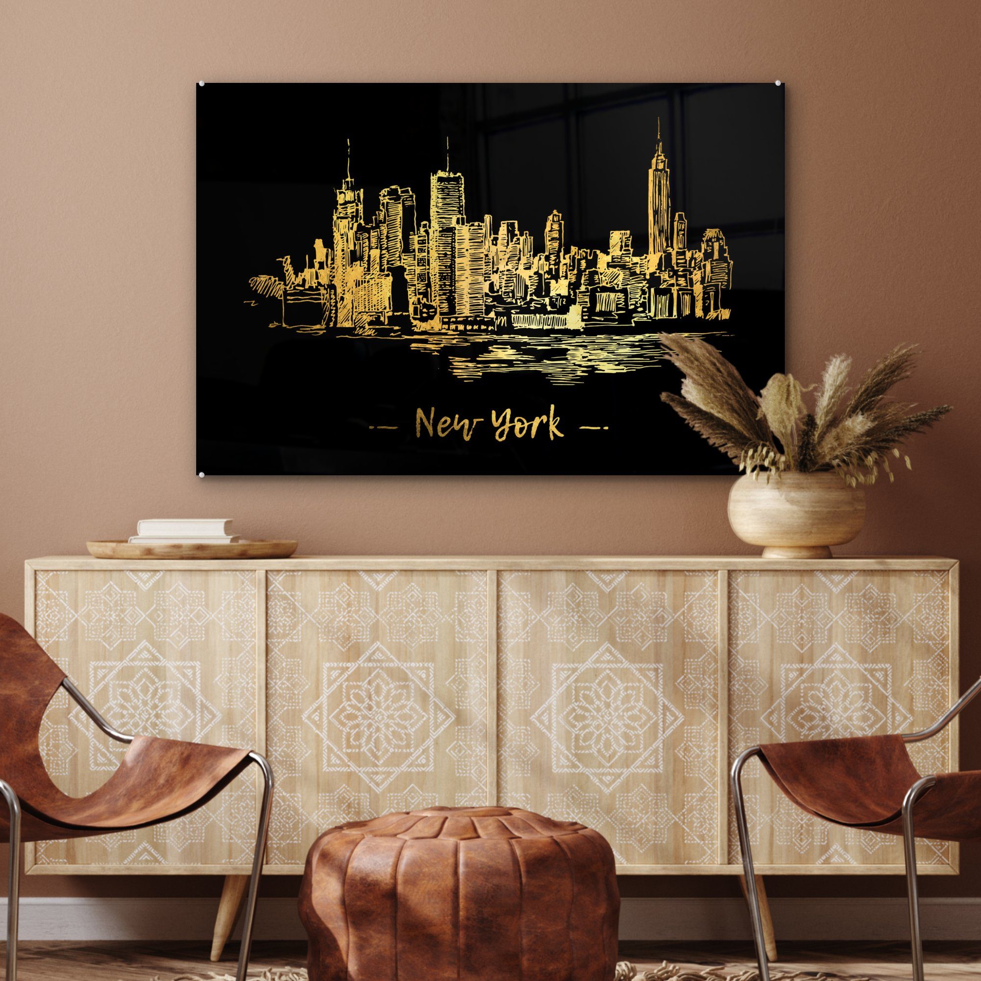 Acrylglasbilder - Schlafzimmer Gold, St), Skyline Wohnzimmer MuchoWow Acrylglasbild New York & (1 -