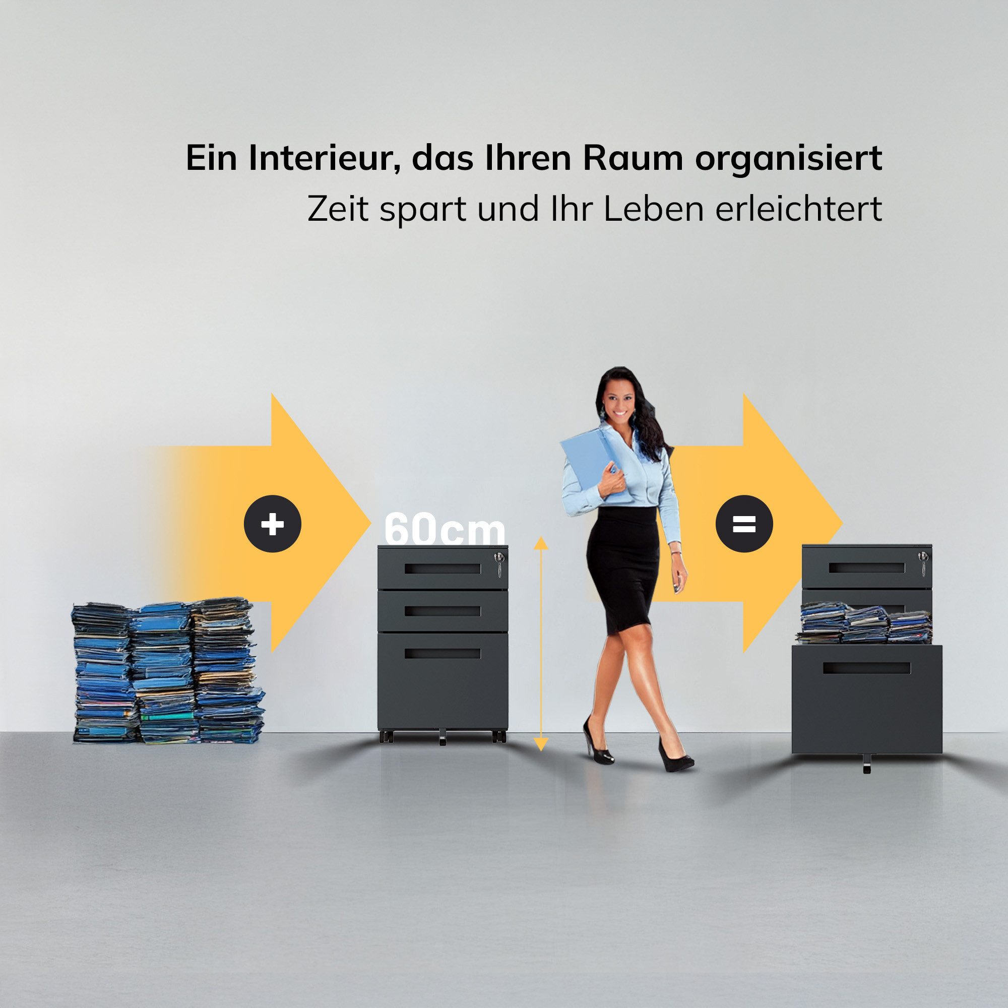 Jan Nowak Rollcontainer Metall Rollcontainer Schreibtisch KATE 3 Schubladen Hängeregister, (Kaltwalzstahl 0,6 mm 39 x 60 x 50 cm Anti-Kipp-Mechanismus), Bürocontainer Stahl abschließbar Rollen kompakt 3 Farben