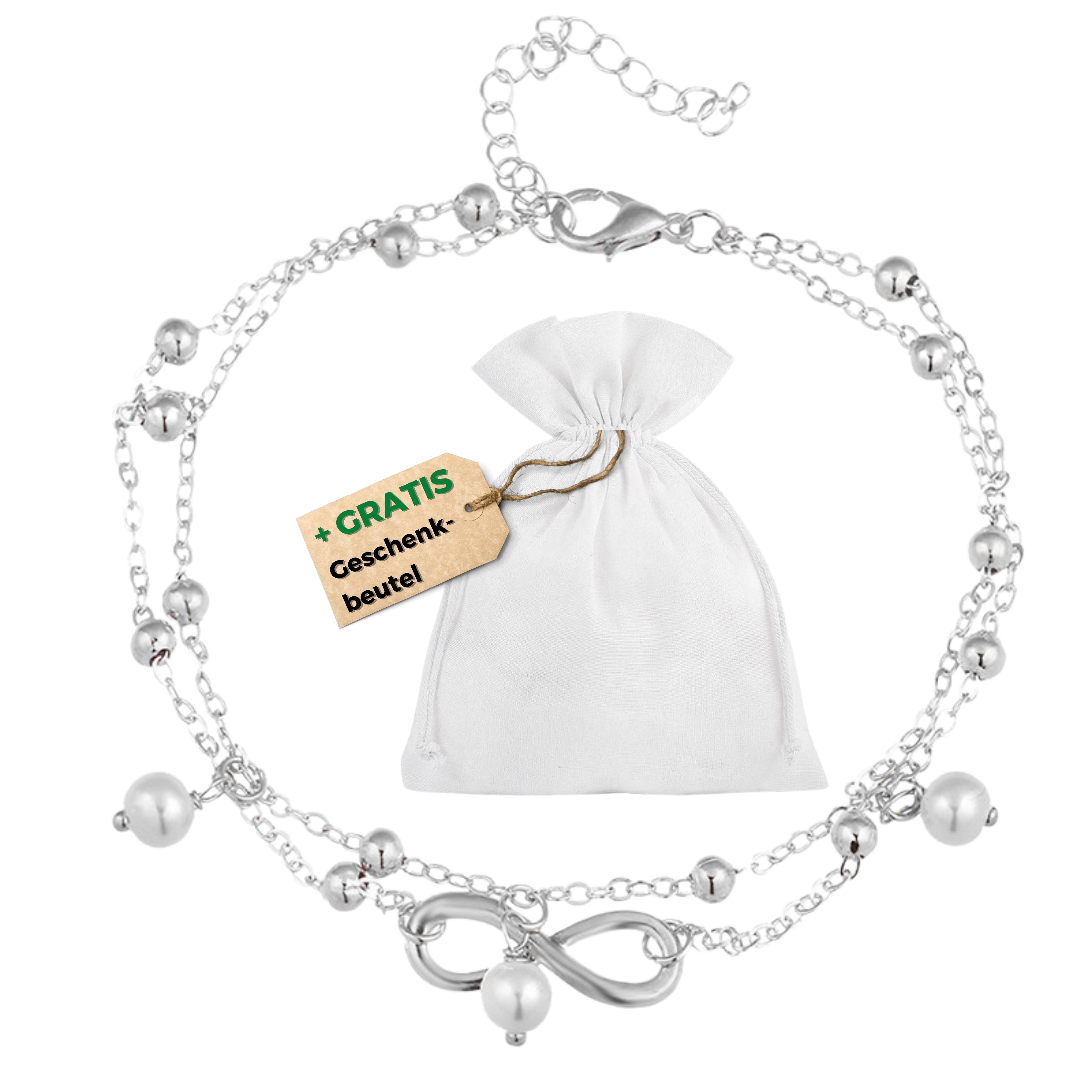 Felino Fußkette mit Anhänger Damen Infinity Weiße Perlen Silber Unendlichkeit Fußkette Fusskette, Längenverstellbar (19 - 24 cm)