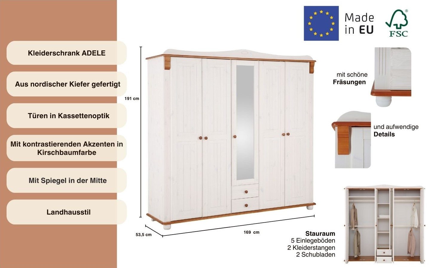 OTTO home Kleiderschrank Adele (Breite x Höhe x Tiefe ca: 207 cm x 191 cm x 53,5 cm) Massive Kiefer,Spiegel; Landhausstil