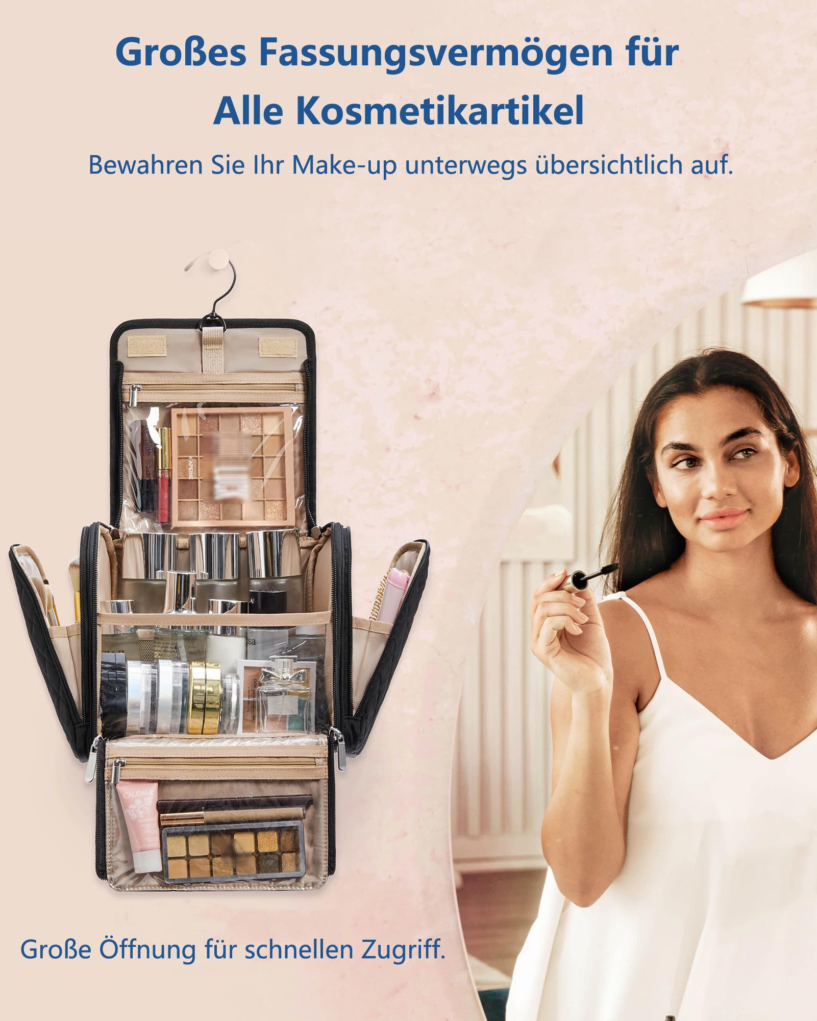 Zaewry Kosmetiktasche Kulturbeutel Damen, Kulturtasche zum Aufhängen, Toiletry Bag, Kosmetiktasche Reise Waschtasche Transparent für Makeup – Bild 2 von 5