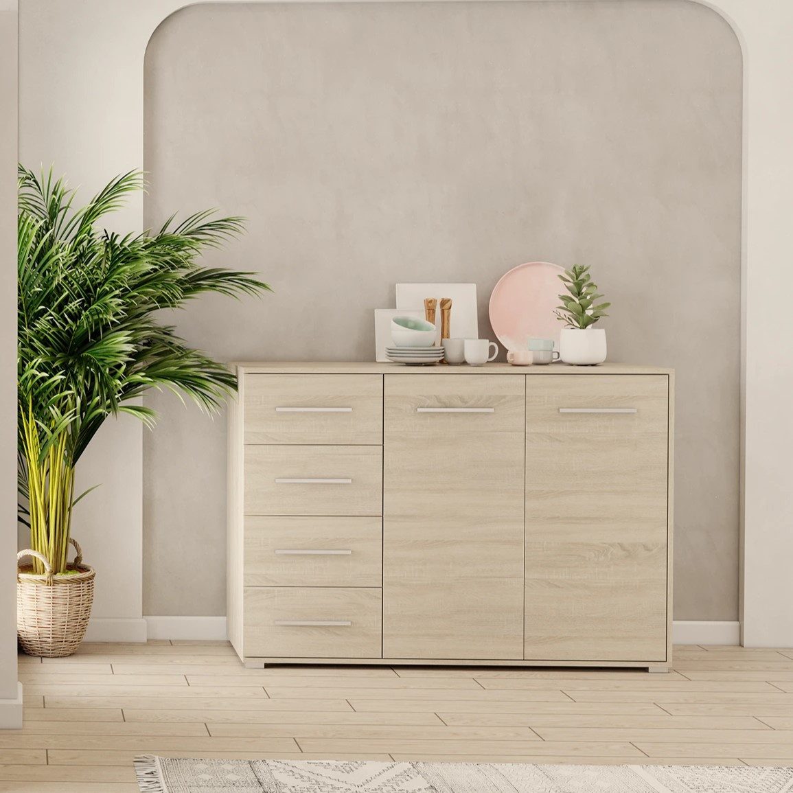 MOEBLO Kommode KOM001 (Kommode Sideboard Schubladenkommode, Highboard Schrank Beistelltisch mit 2 Türen und 4 Schubladen), (BxHxT): 135x95x45 cm