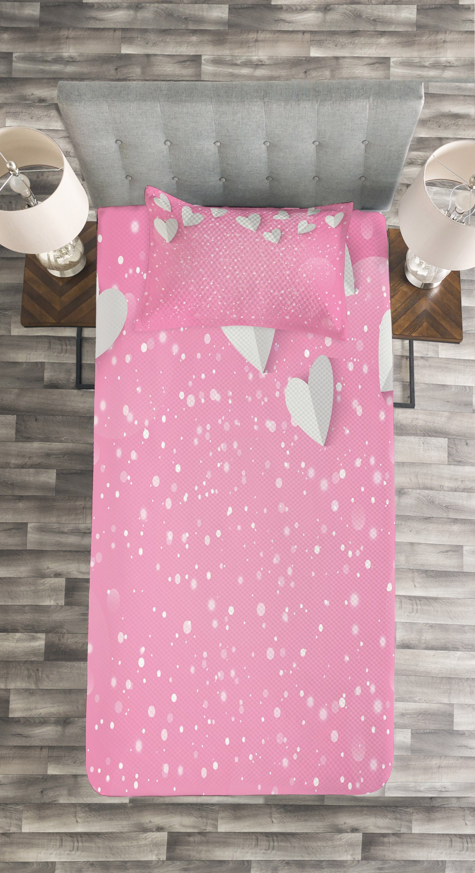 Pink Set Kissenbezügen Weiß und Tagesdecke Abakuhaus, 3D-Herz-Flügel mit Waschbar,