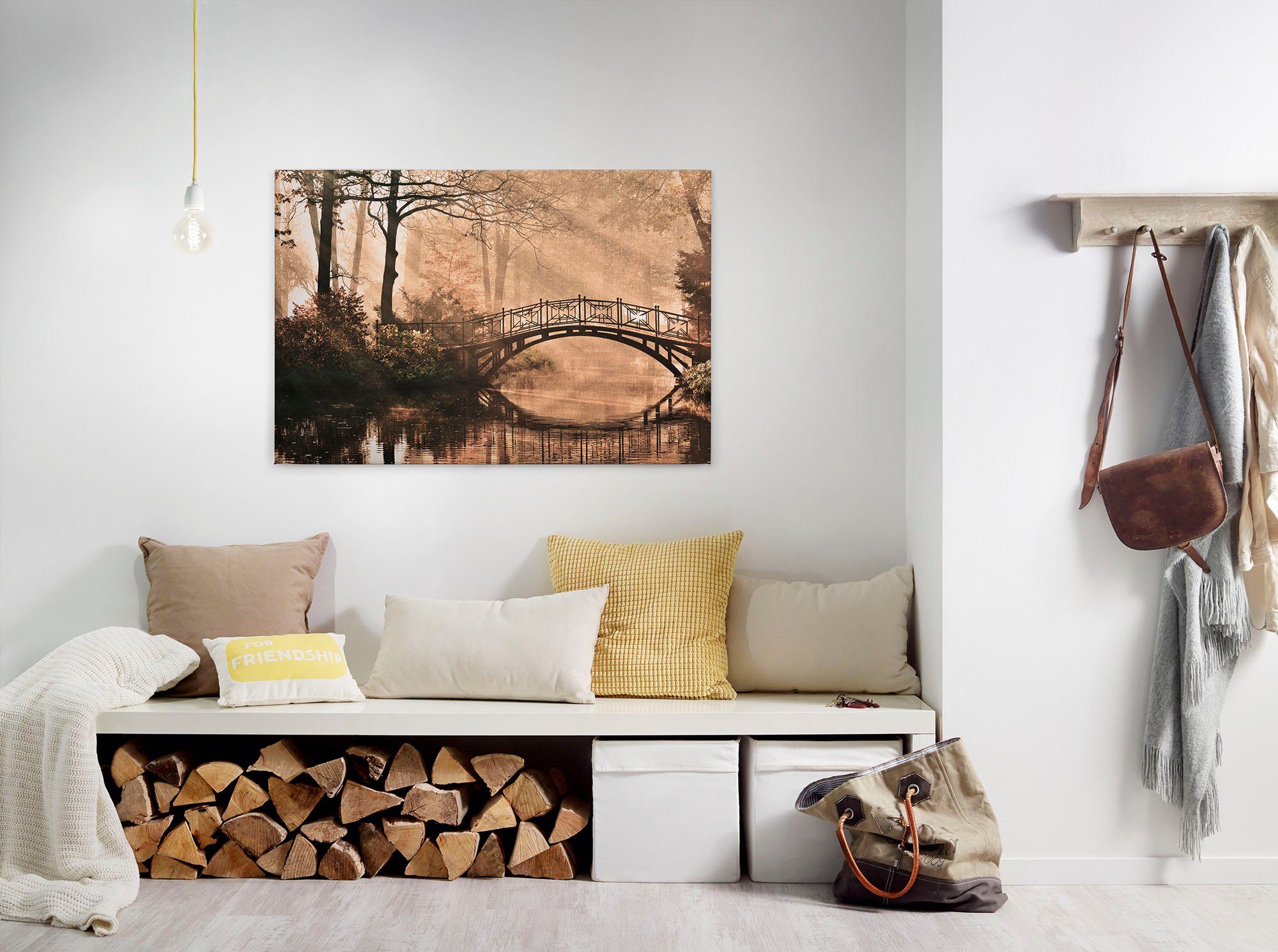 Création Leinwandbild Brücke A.S. Park Bridge, Keilrahmen braun mit St), Bild beige, Wald (1