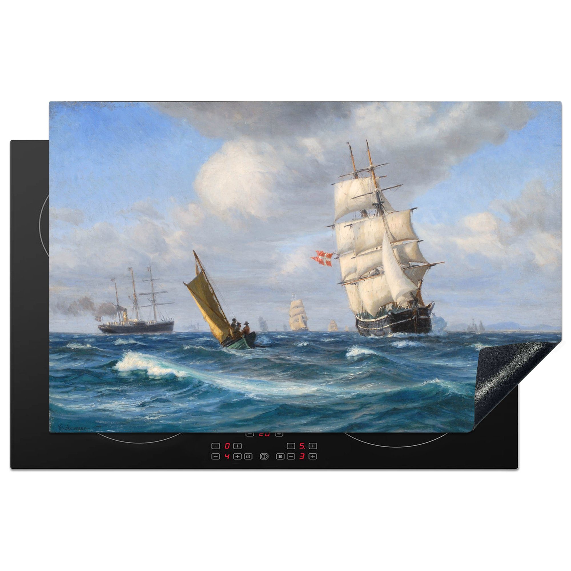 MuchoWow Herdblende-/Abdeckplatte Mehrere Schiffe vor der Küste - Gemälde von Vilhelm Arnesen, Vinyl, (1 tlg), 81x52 cm, Induktionskochfeld Schutz für die küche, Ceranfeldabdeckung