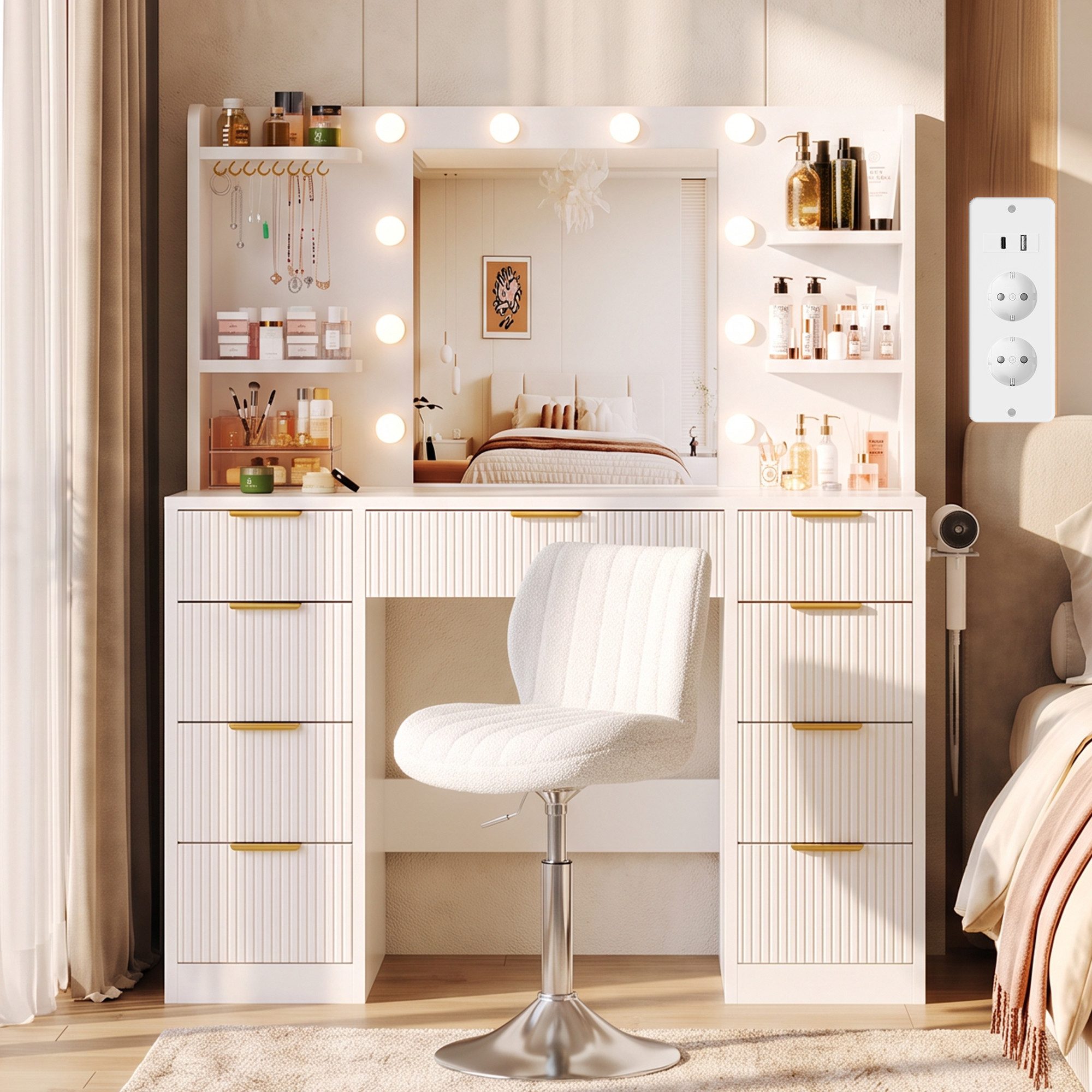 HOMALL Schminktisch LED-Beleuchtung für den Schminktisch, inklusive Hocker-Set (Maße: 108 × 40 × 137 cm, 6 offene Ablagefächer, mit Schmuckhaken, 9 Schubladen, ausgestattet mit 1 USB-Anschluss, 1 Ladeanschluss, 2 Steckdosen und 1 Föhnanschluss, weiß-schwarzer Schminktisch, Kinderschminktisch)