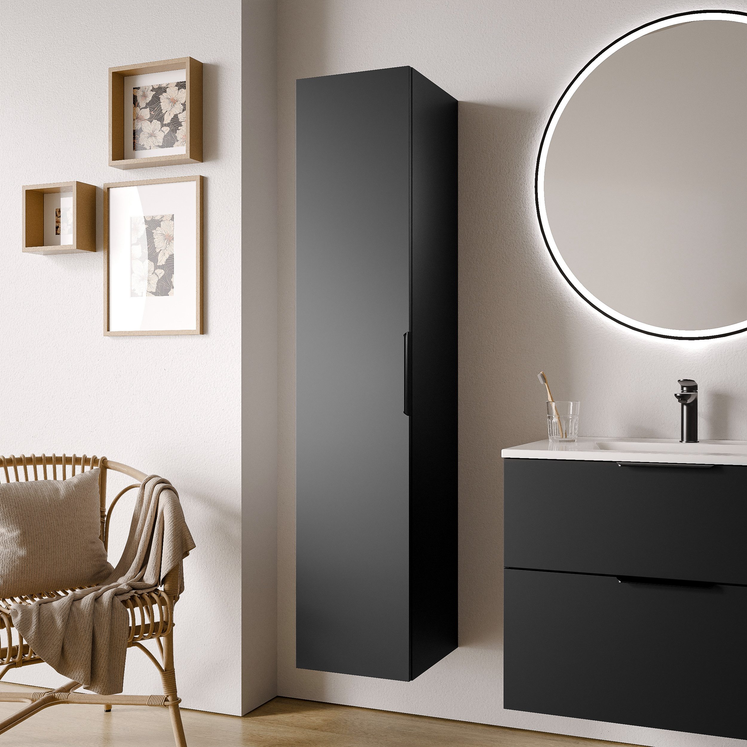 Bernstein Hochschrank TIM Hochschrank 165cm Schwarz matt Hochschrank 1 Tür 4 Einlegeböden