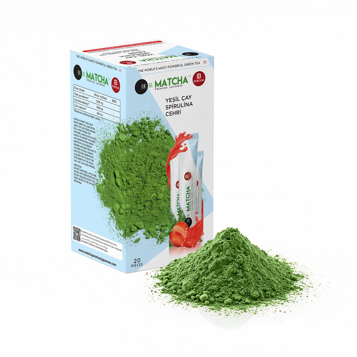 BİLGE İLAÇ Grüner Matcha – Tee Spırulına & Erdbeeraroma – 20 Stück Pulver, Grüner Matcha – Tee Spırulına & Erdbeeraroma – 20 Stück