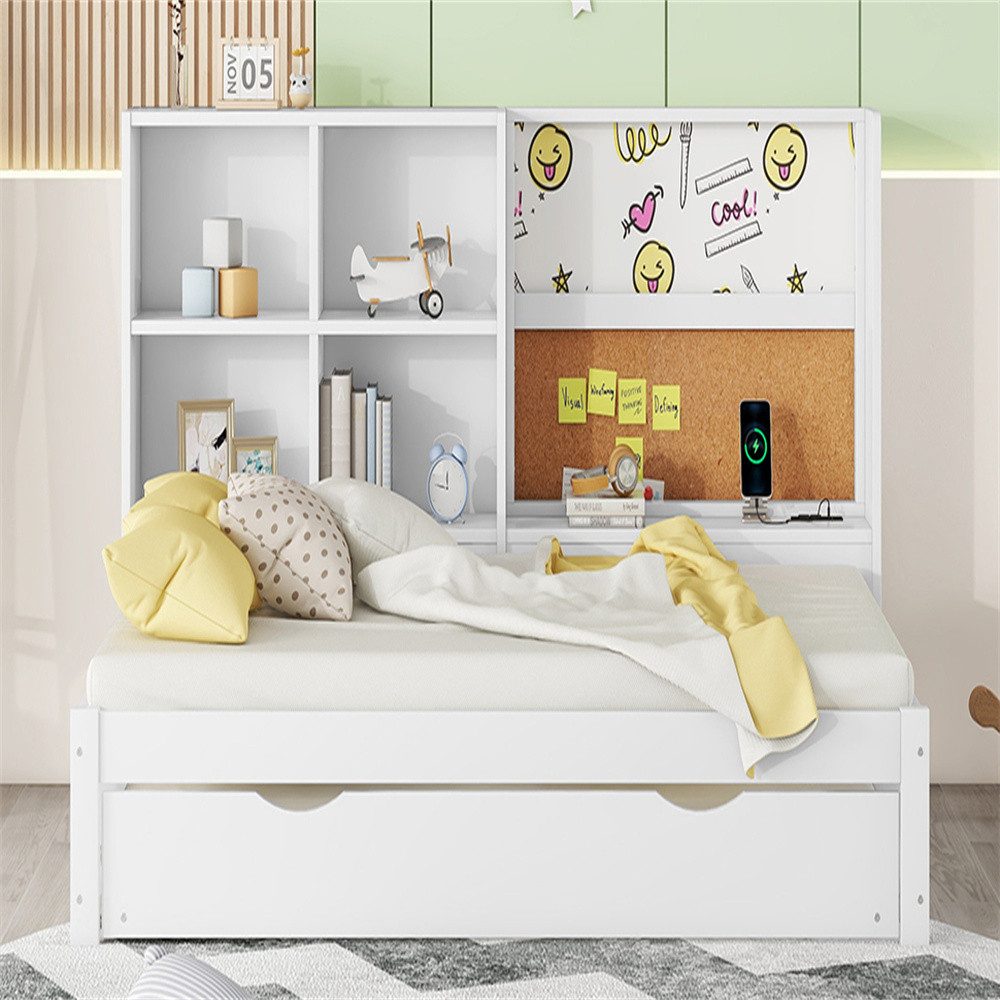 XDeer Jugendbett 90*200cm Schlafsofa mit ausziehbarem Bett, usb-Ladeanschluss, Zeichenbrett, mehrere Staufächer, Weiß