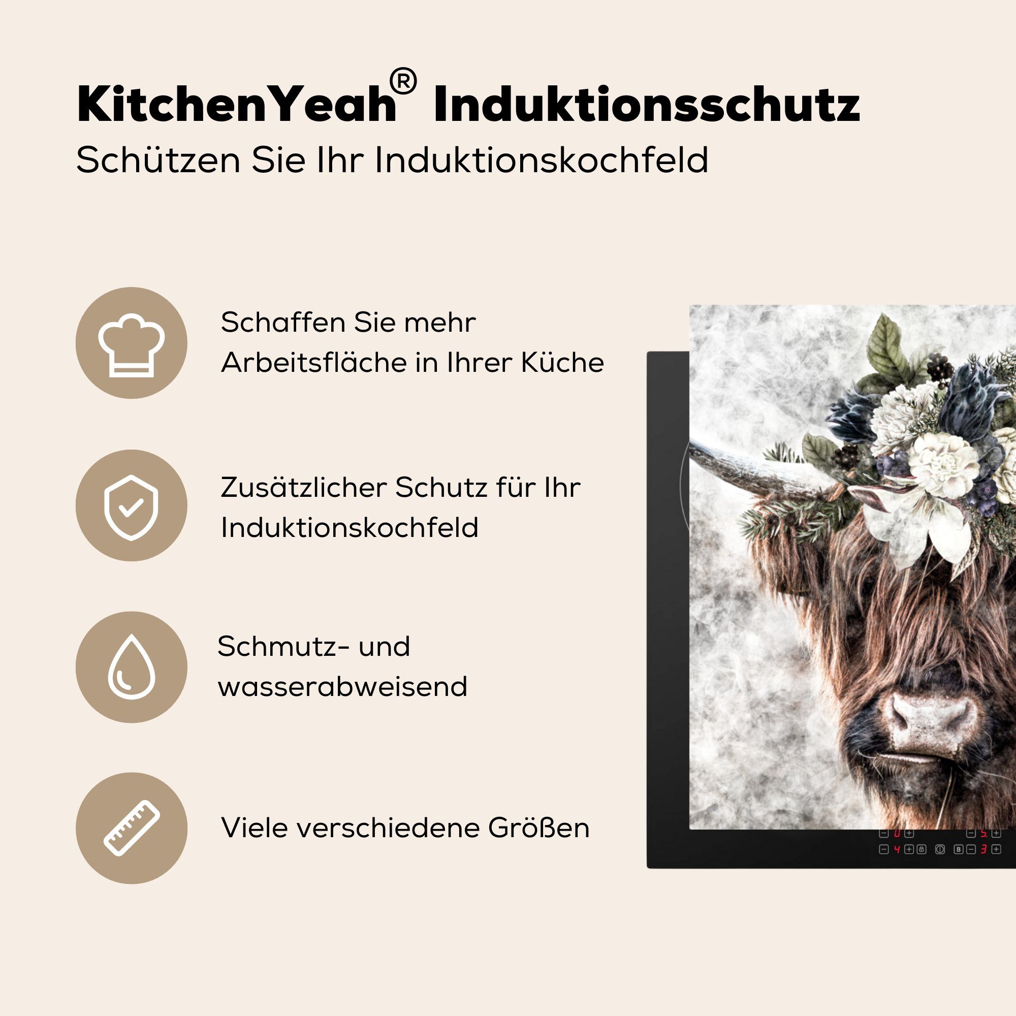 MuchoWow Herdblende-/Abdeckplatte Schottischer küche Blumen, cm, (1 Schwarz Arbeitsplatte Highlander - - 78x78 tlg), Vinyl, Ceranfeldabdeckung, Weiß für 