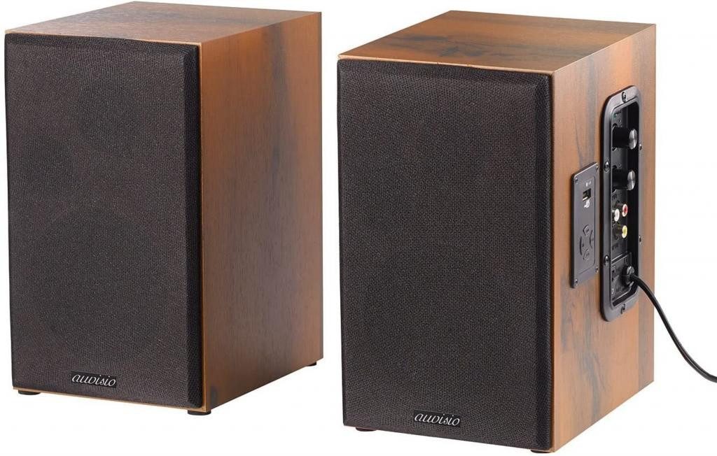 auvisio MSS-90.usb Lautsprecher Holz Gehäuse Aktiver Stereo-Regallautsprecher Regal-Lautsprecher (Bluetooth, 34 W, 2-Wege-Soundsystem mit je einem Hoch- und Tieftöner)