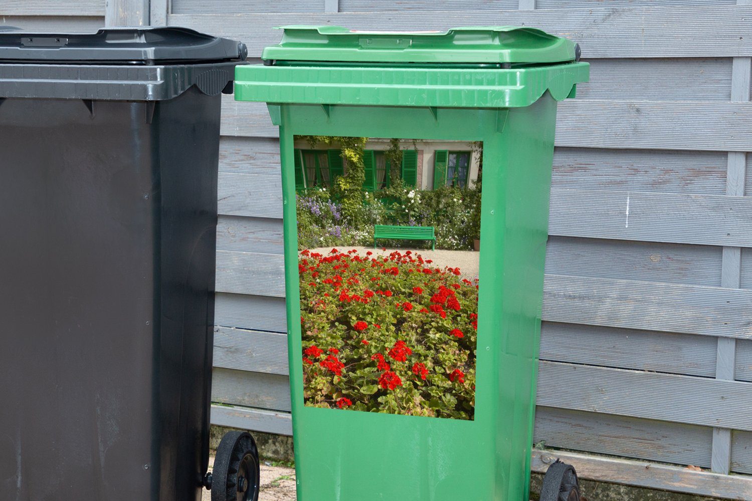 MuchoWow Wandsticker Bank mit Mülleimer-aufkleber, Monet Garten (1 in Blumen Sticker, im Abfalbehälter Mülltonne, St), Container, französischen von Europa