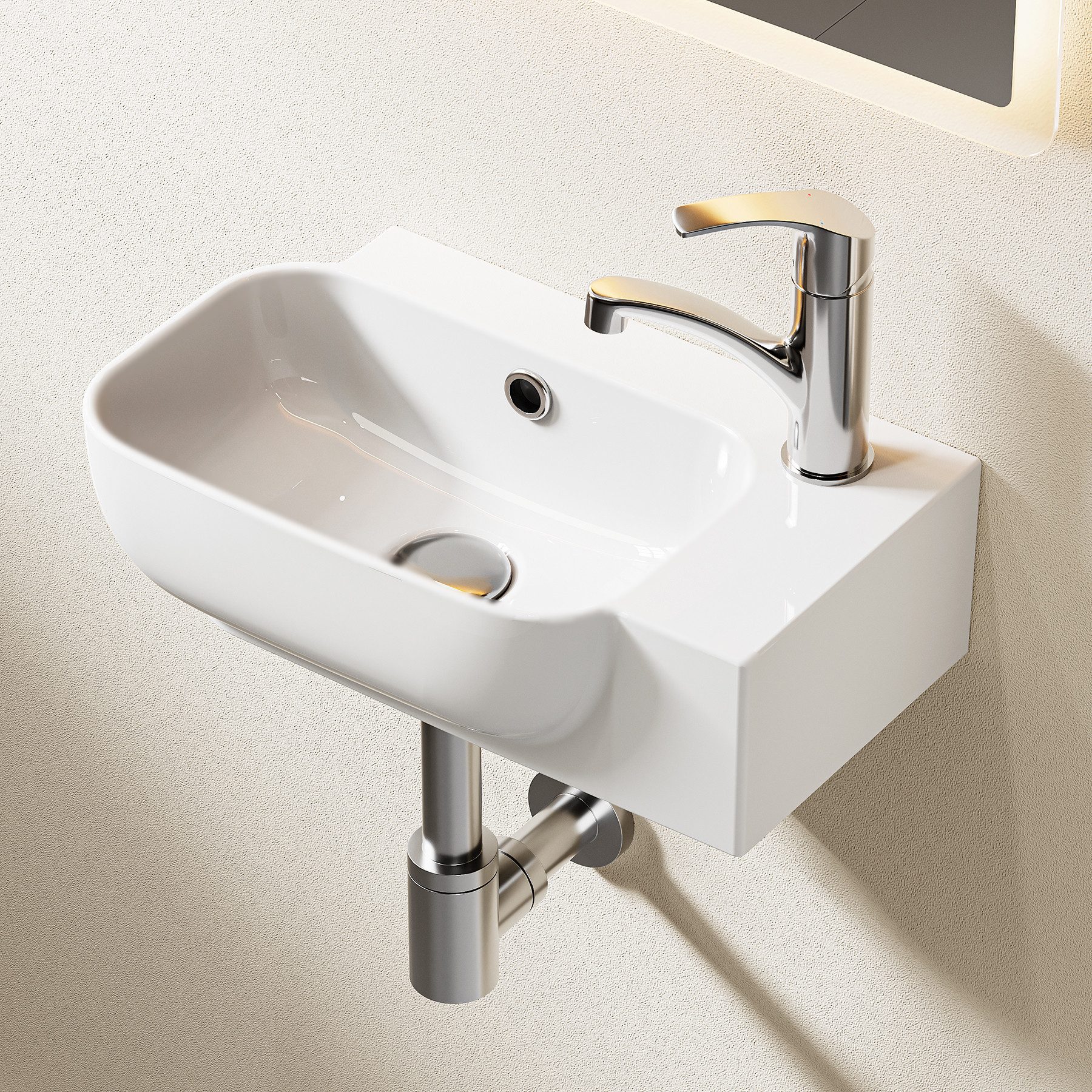 HOROW Waschbecken Aufsatzwaschbecken Wandmontage Waschschale für Badezimmer/ Gäste-WC (Weiß, 40.3 x 24.9 x 14 cm, mit Hahnloch und Überlauf - Weiß)