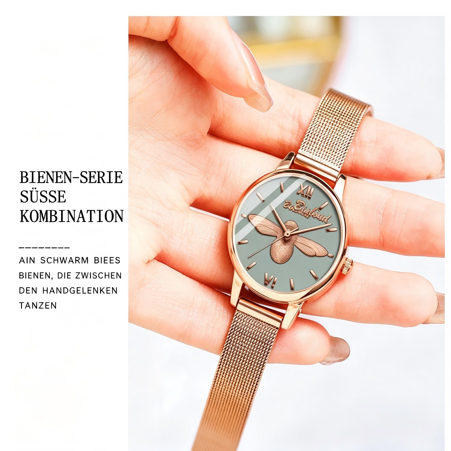 Fyrove Quarzuhr Damen Armbanduhr Quarz mit Bienen Motiv Roségold Mesh Armband, (Elegante Damenuhr, mit 3D Bienen Zifferblatt, Edelstahl Milanaiseband), 3ATM Wasserschutz und Geschenkbox