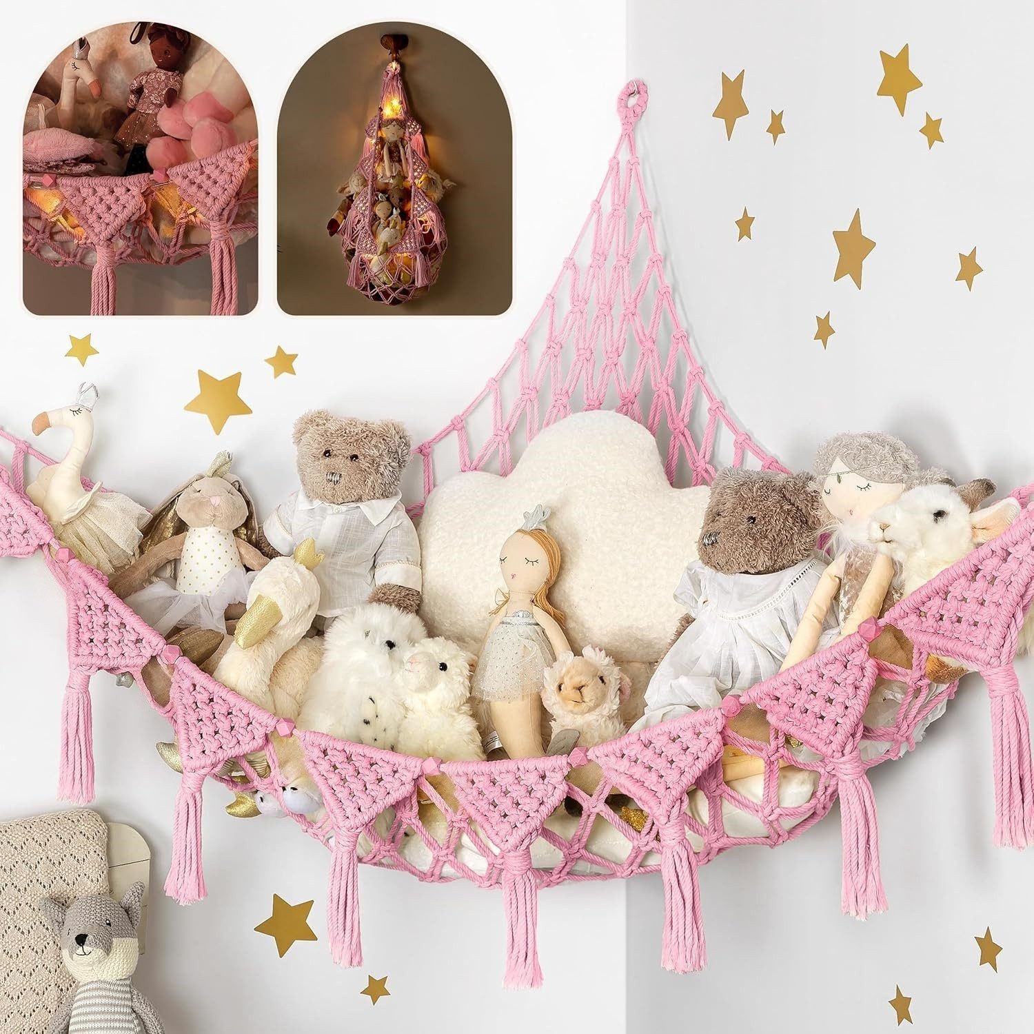FOUORTUNATE-BEE Hängekorb Hängende Spielzeugaufbewahrung Netz für Kuscheltiere im Kinderzimmer, Boho Spielzeugnetz für Kuscheltiere, Ecken, Wände und Türen