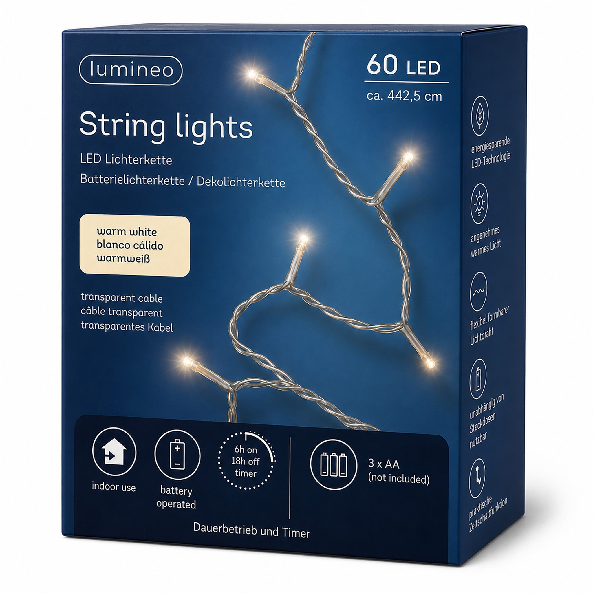 Lumineo LED-Lichterkette, LED Lichterkette 4,4m Basic Batterie 60 LEDs Warmweiß / transparent