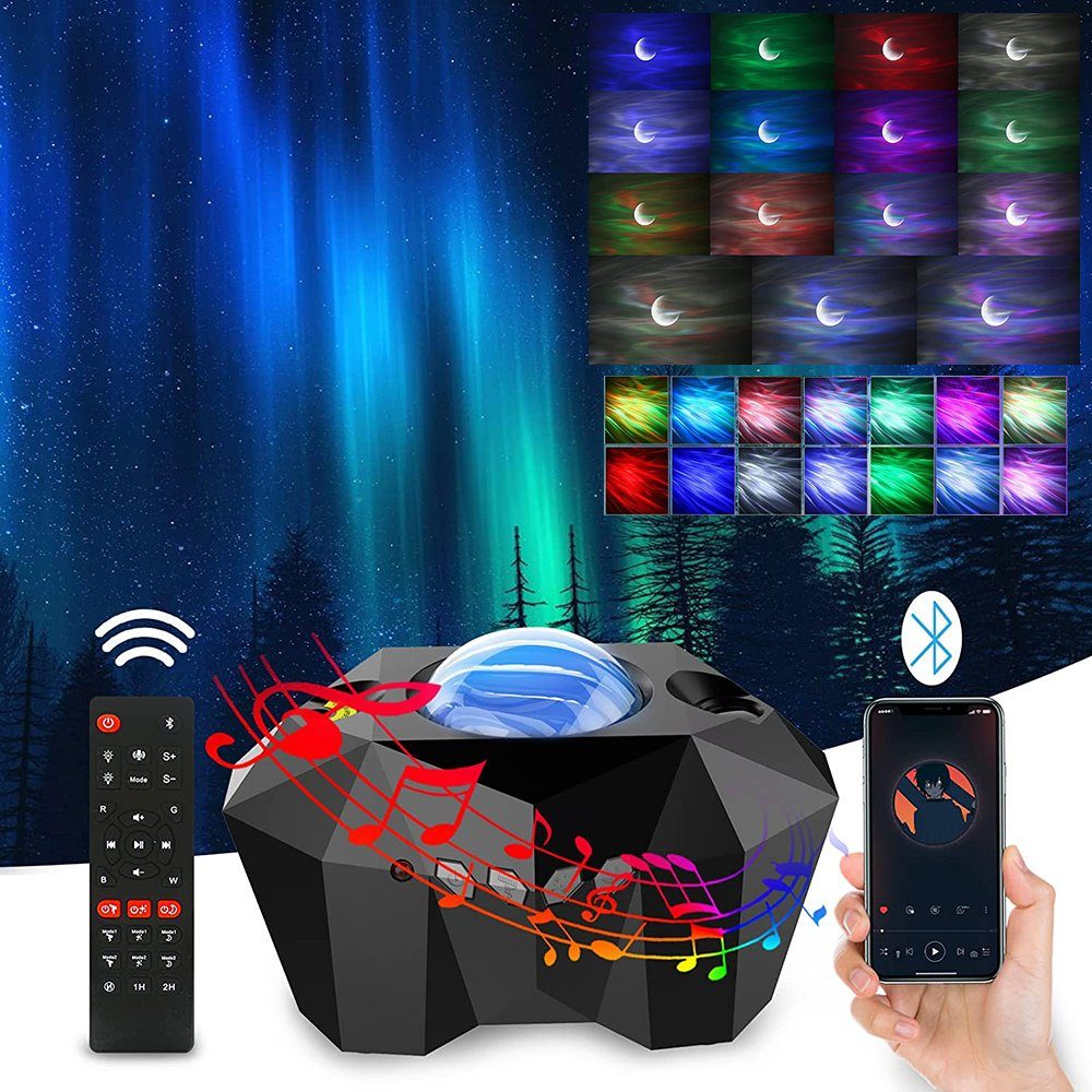 Rosnek Projektionslampe Aurora Star Moon Lichter Projektor,Galaxie Lichter Projektor,Bluetooth, LED wechselbar, Kaltes Weiß, mit Fernbedienung