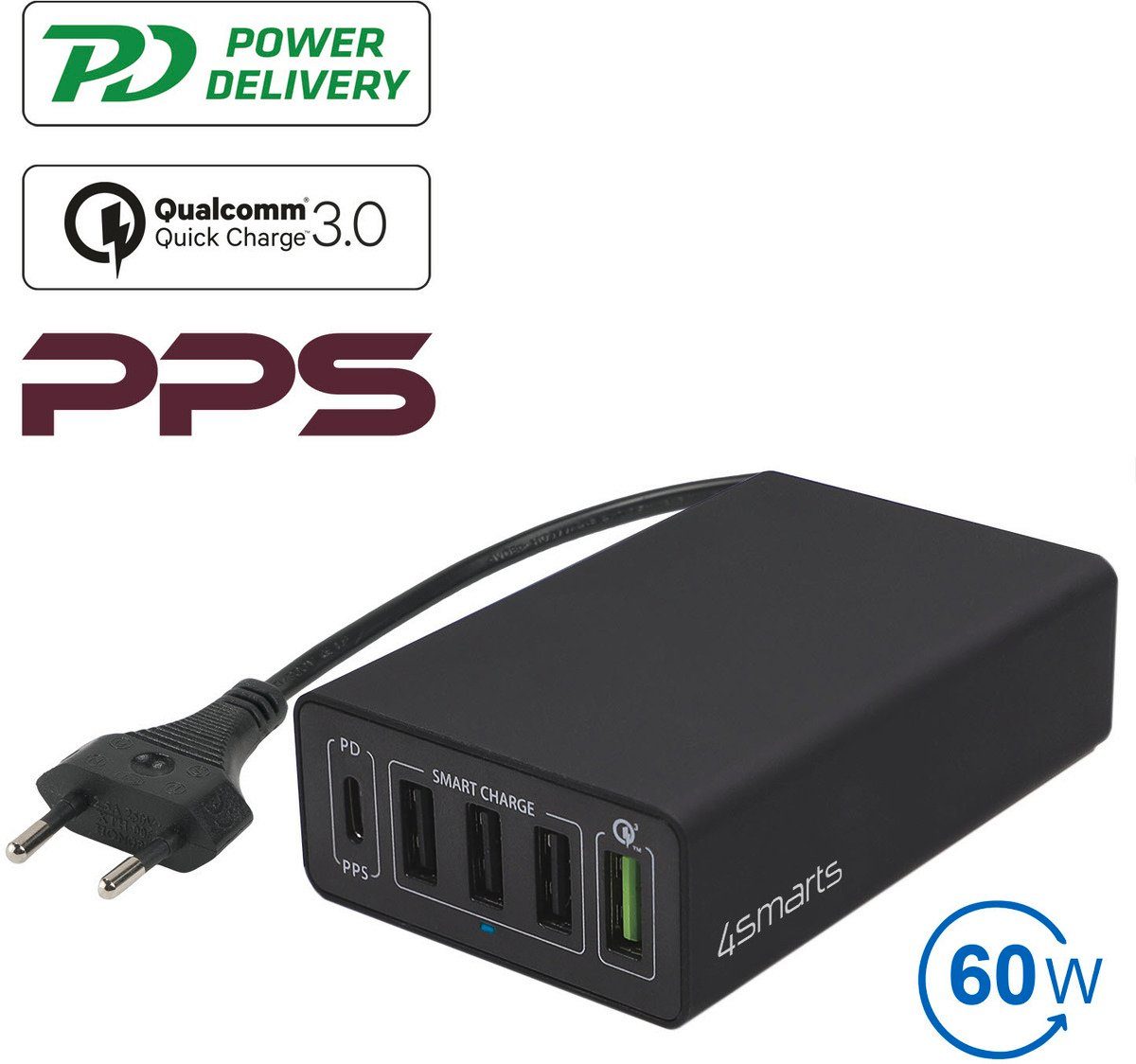 PPS 60W /Power Delivery+QC3.0 VoltPlug 4smarts Akku-Ladestation Netzladestation