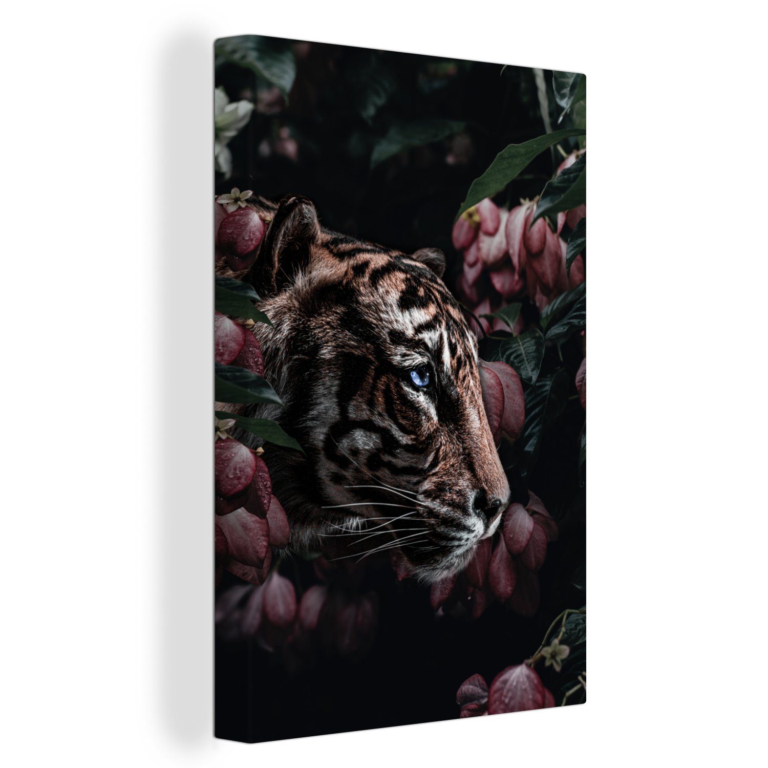 Tiger fertig Blumen, cm Zackenaufhänger, 20x30 Rosa (1 inkl. - Leinwandbild Gemälde, bespannt St), OneMillionCanvasses® Leinwandbild -
