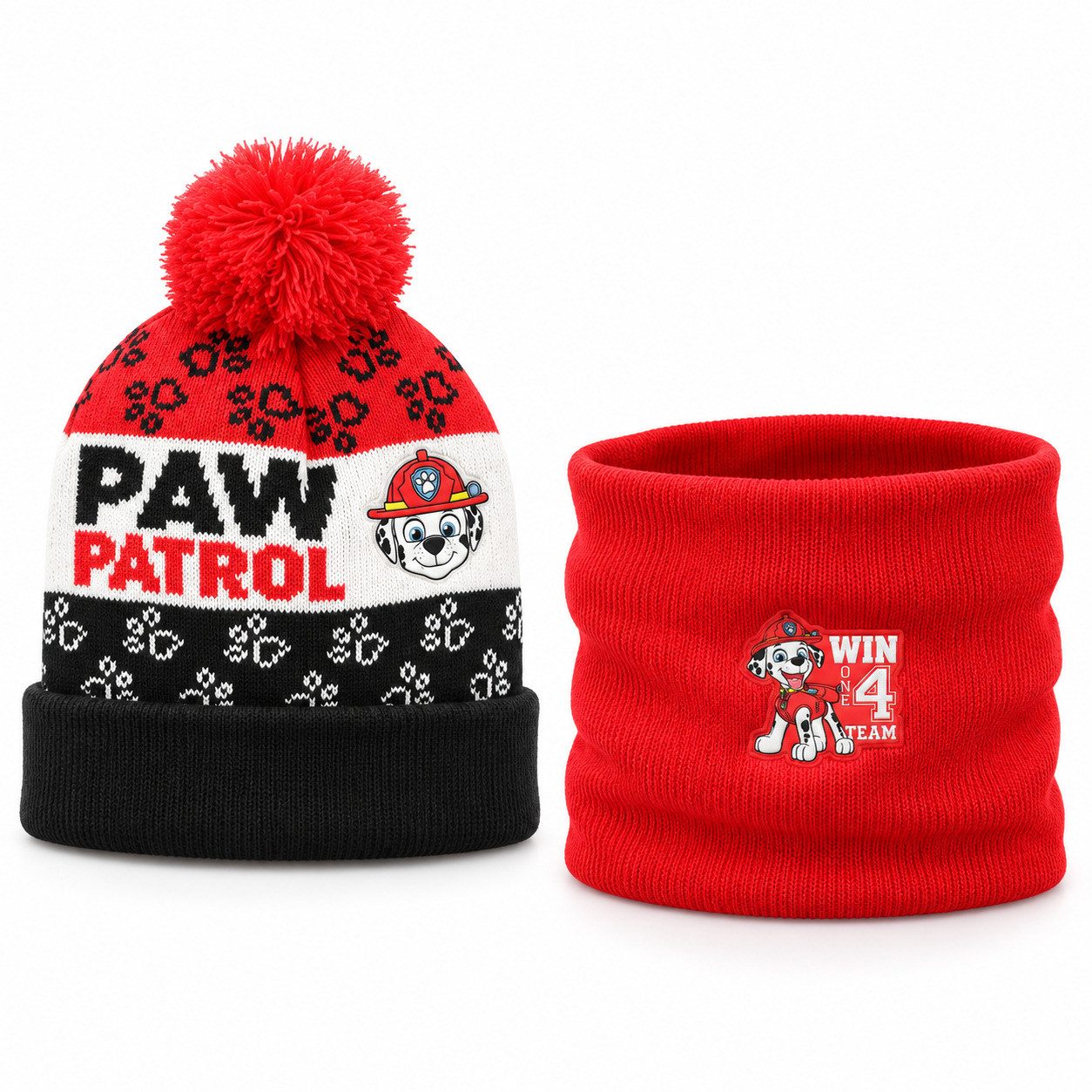 PAW PATROL Bommelmütze Paw Patrol Marshall Kinder 2tlg Set Winter Mütze plus Snood Gr.54 (Spar-Set)