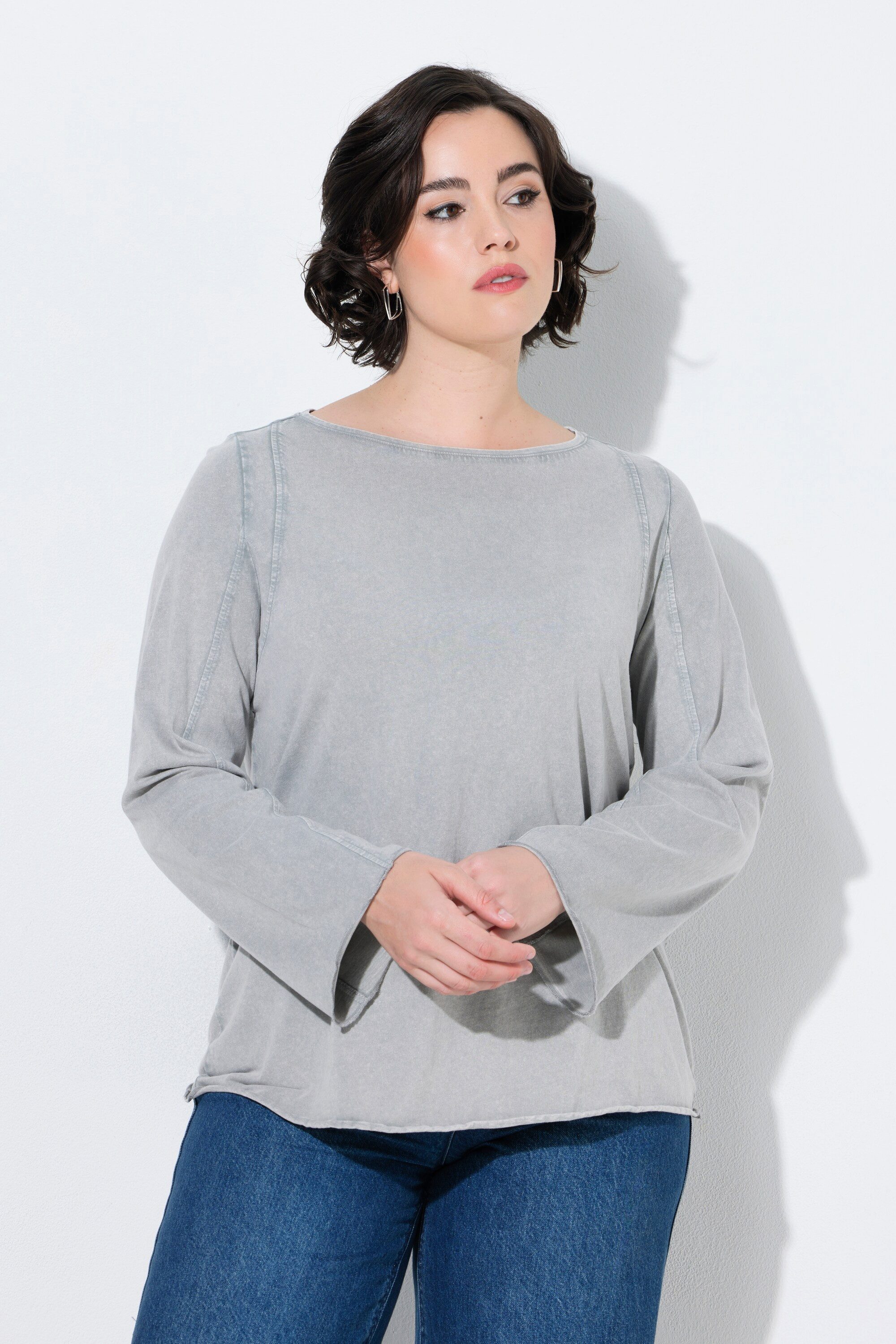 Ulla Popken Longsleeve Shirt Ziernähte U-Boot-Ausschnitt Langarm