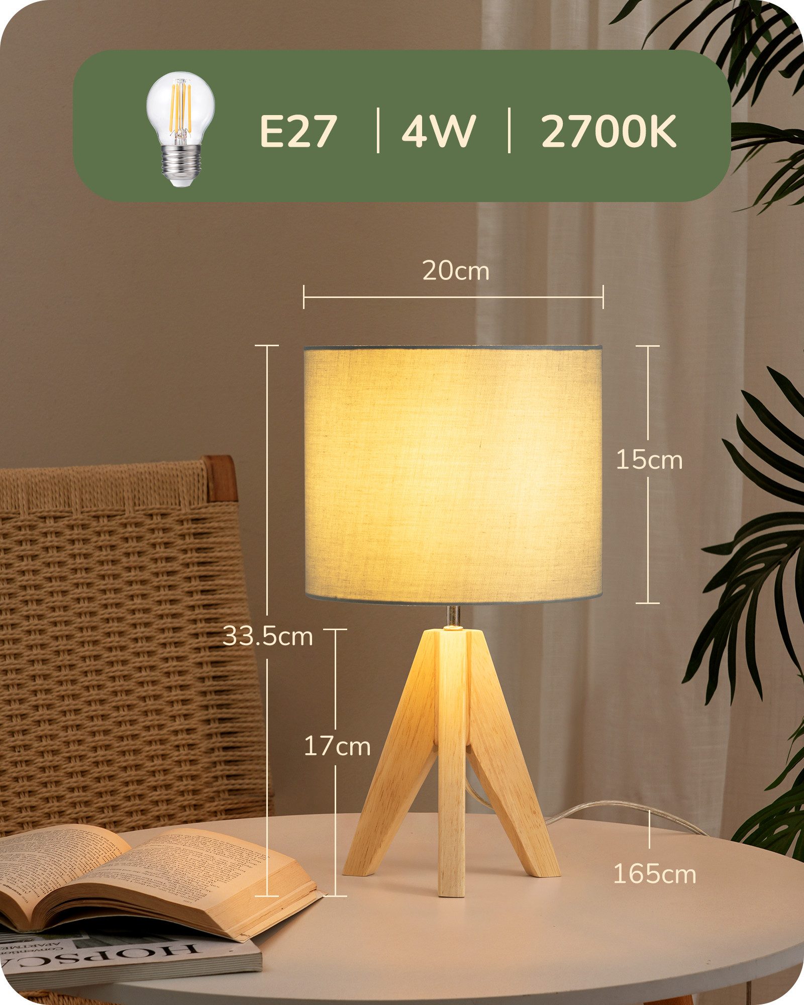 EDISHINE Nachttischlampe aus Holz mit Stoffschirm dreibeinig, LED wechselba günstig online kaufen