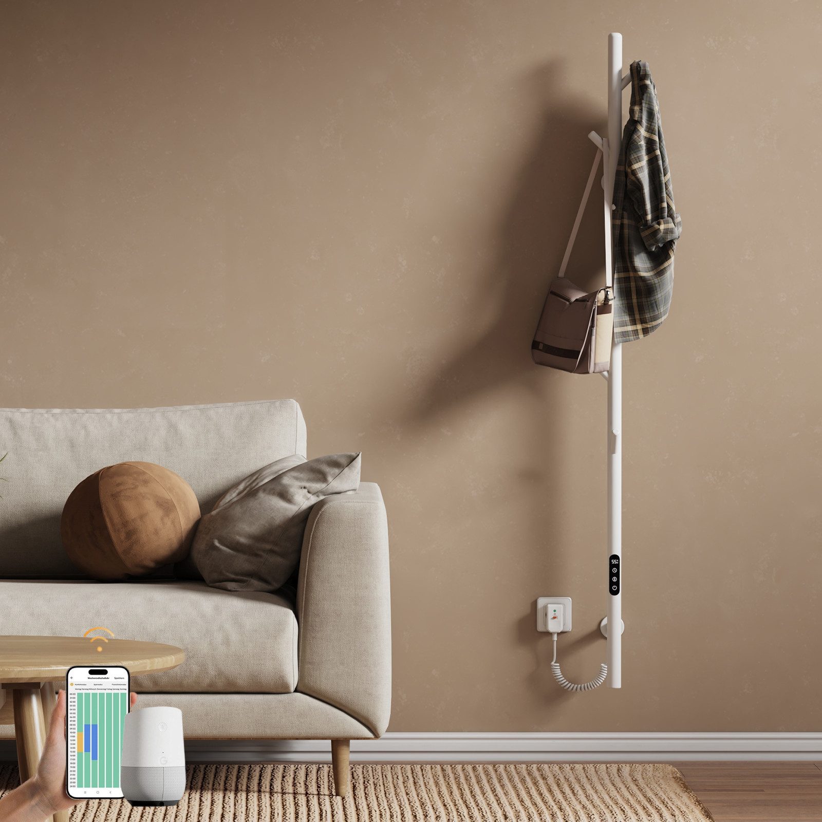EMKE Elektrischer Badheizkörper Elektrischer Handtuchheizkörper Designheizkörper mit Smart / WLAN /App, Handtuchtrockner Timer für Badezimmer Flur 150 cm hoch, weiß