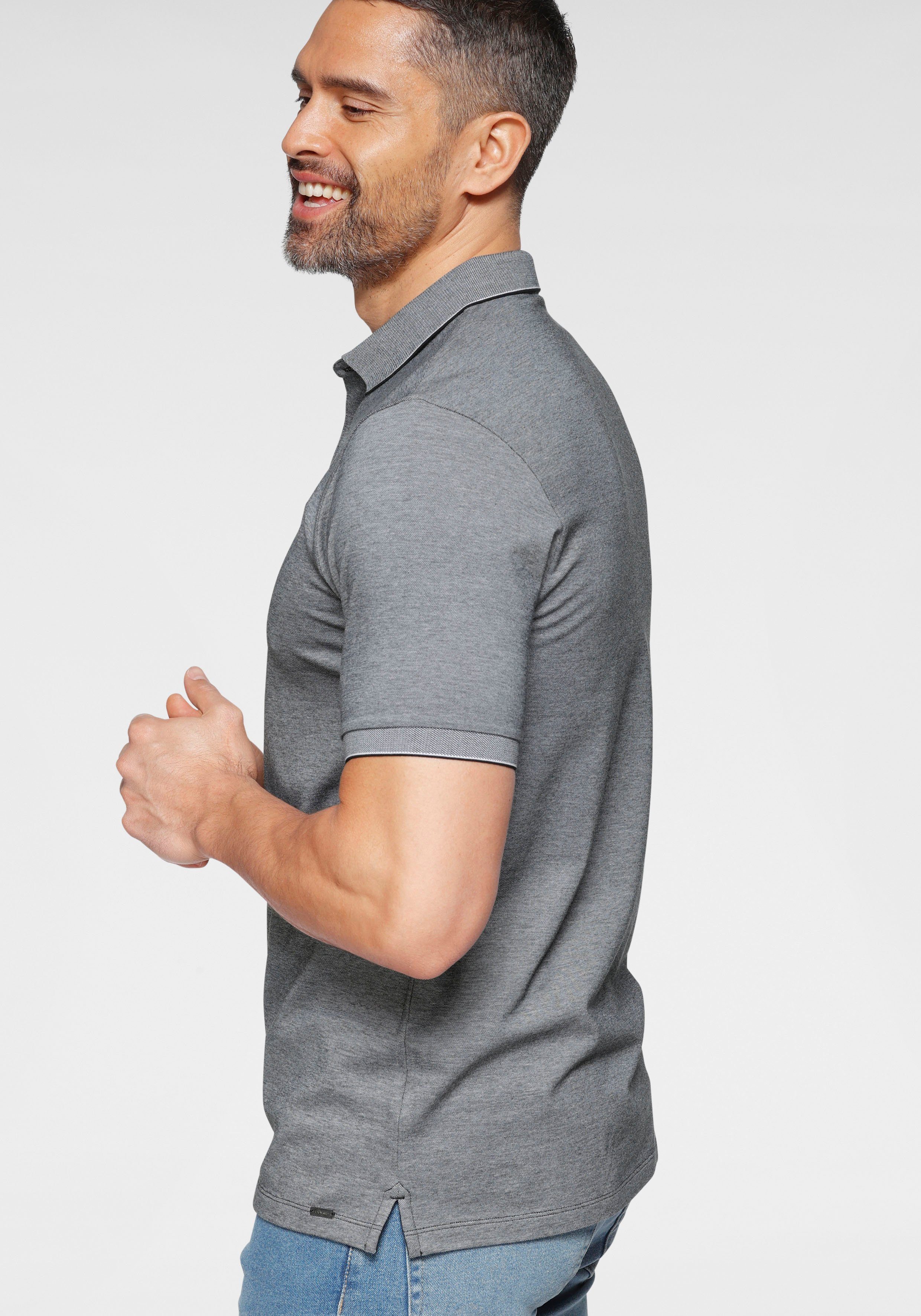 Baumwoll-Piqué Level schwarz-meliert Five Poloshirt OLYMP fit aus body