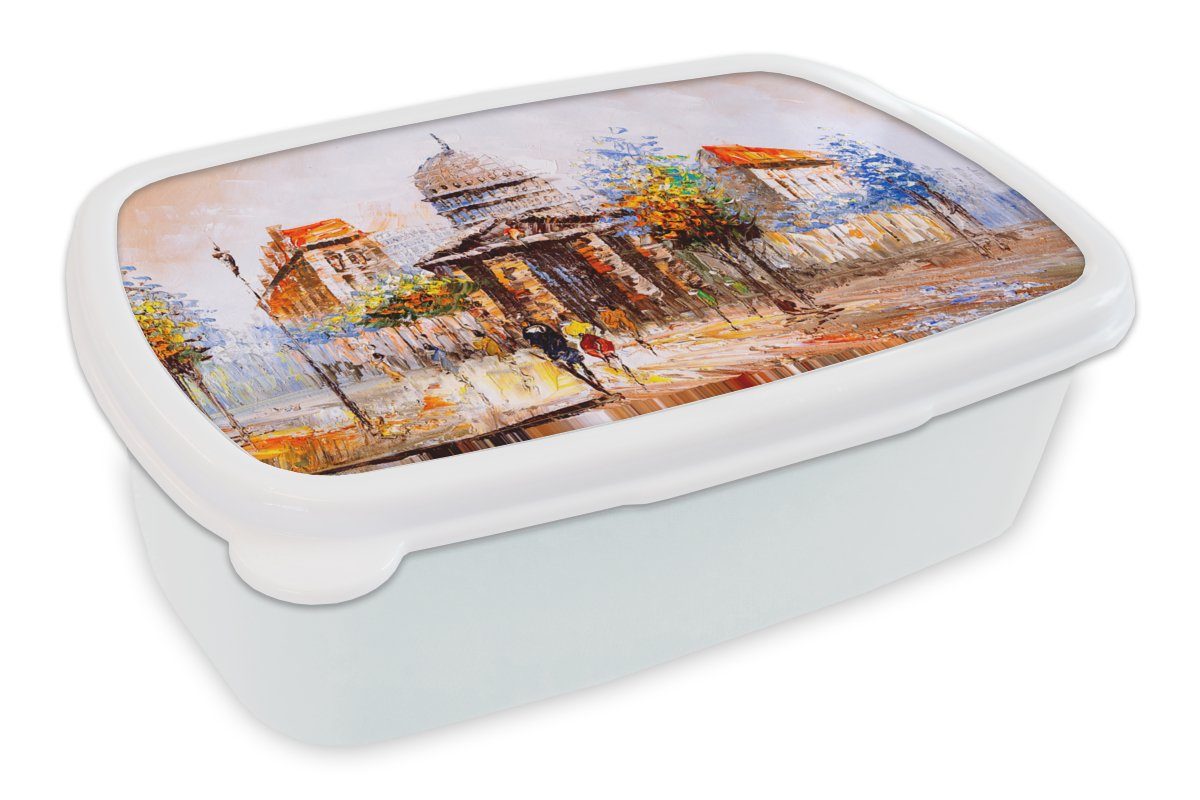 MuchoWow Lunchbox Gemälde - Stadt - Öl, Kunststoff, (2-tlg), Brotbox für Kinder und Erwachsene, Brotdose, für Jungs und Mädchen weiß