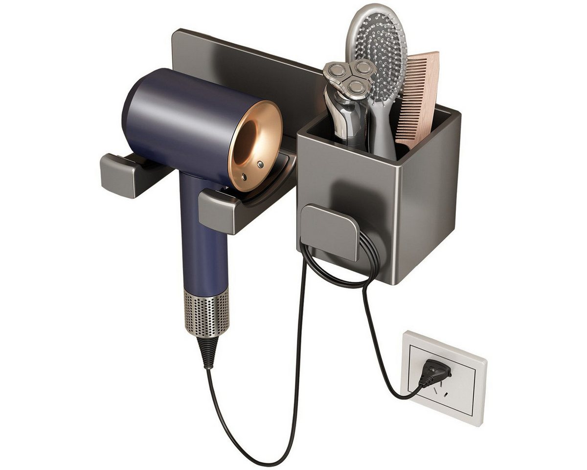 wohnTRAUM24 Haartrocknerhalter Organizer für Haartrockner, Wandhalterung Haartrockner Halterung, (Praktisches Wandregal für Föhn-Badezimmer Aufbewahrung, mit Großem Stauraum Aluminium, Rutschfeste Halterung, Ohne Bohren)