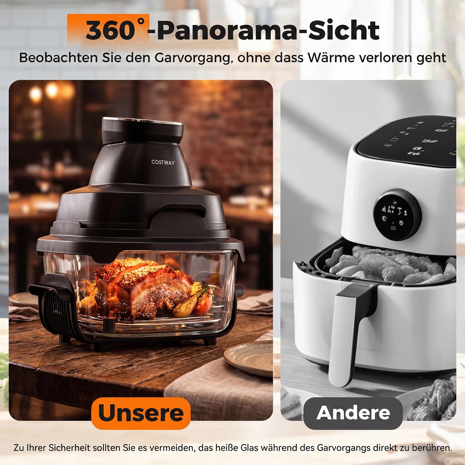 COSTWAY Heißluftfritteuse, 1500 W, Airfryer mit 4 L/1,7 L Glasbehälter, Deckel