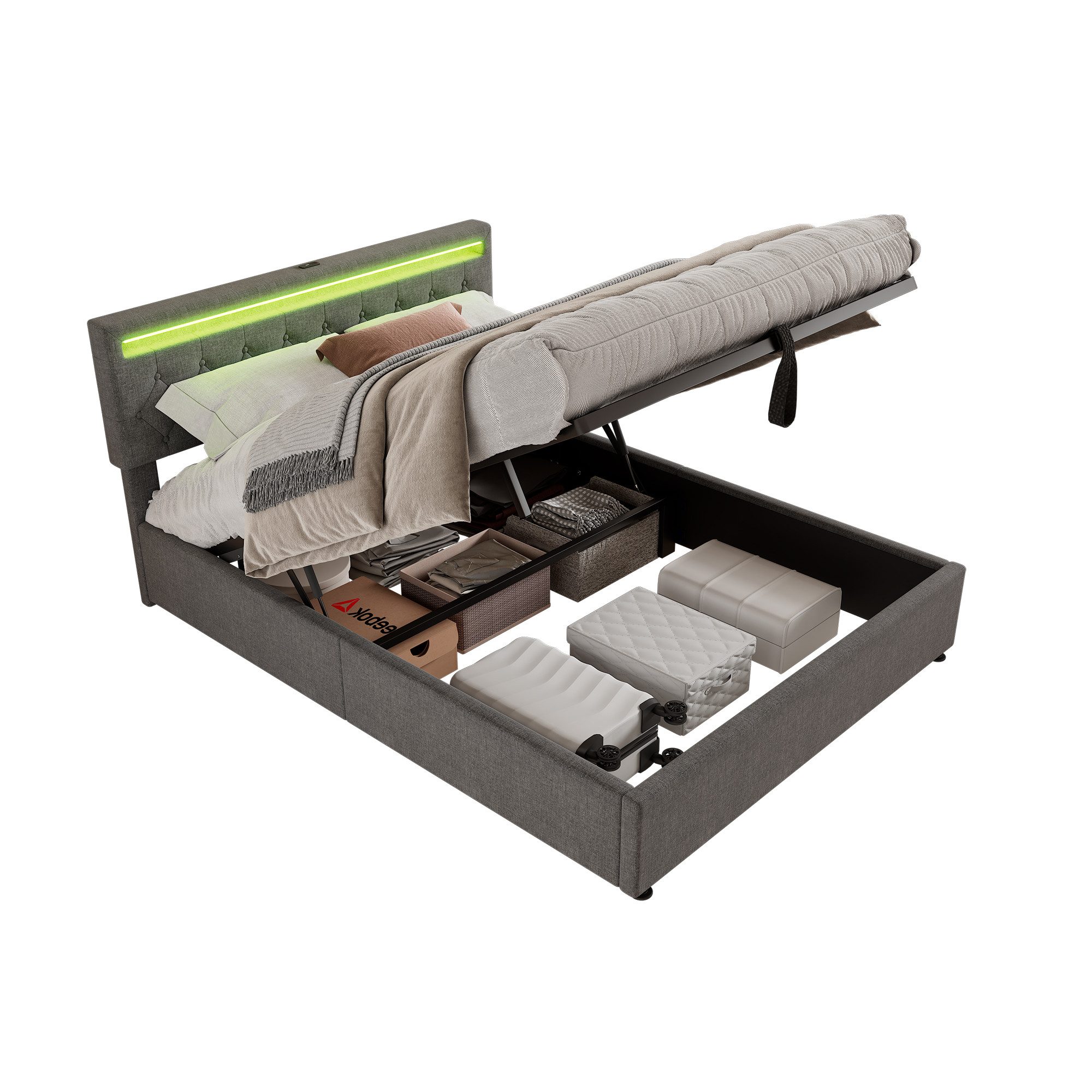 Polsterbett Jugendbett flachBett angehoben abgesenkt werden großer Stauraum