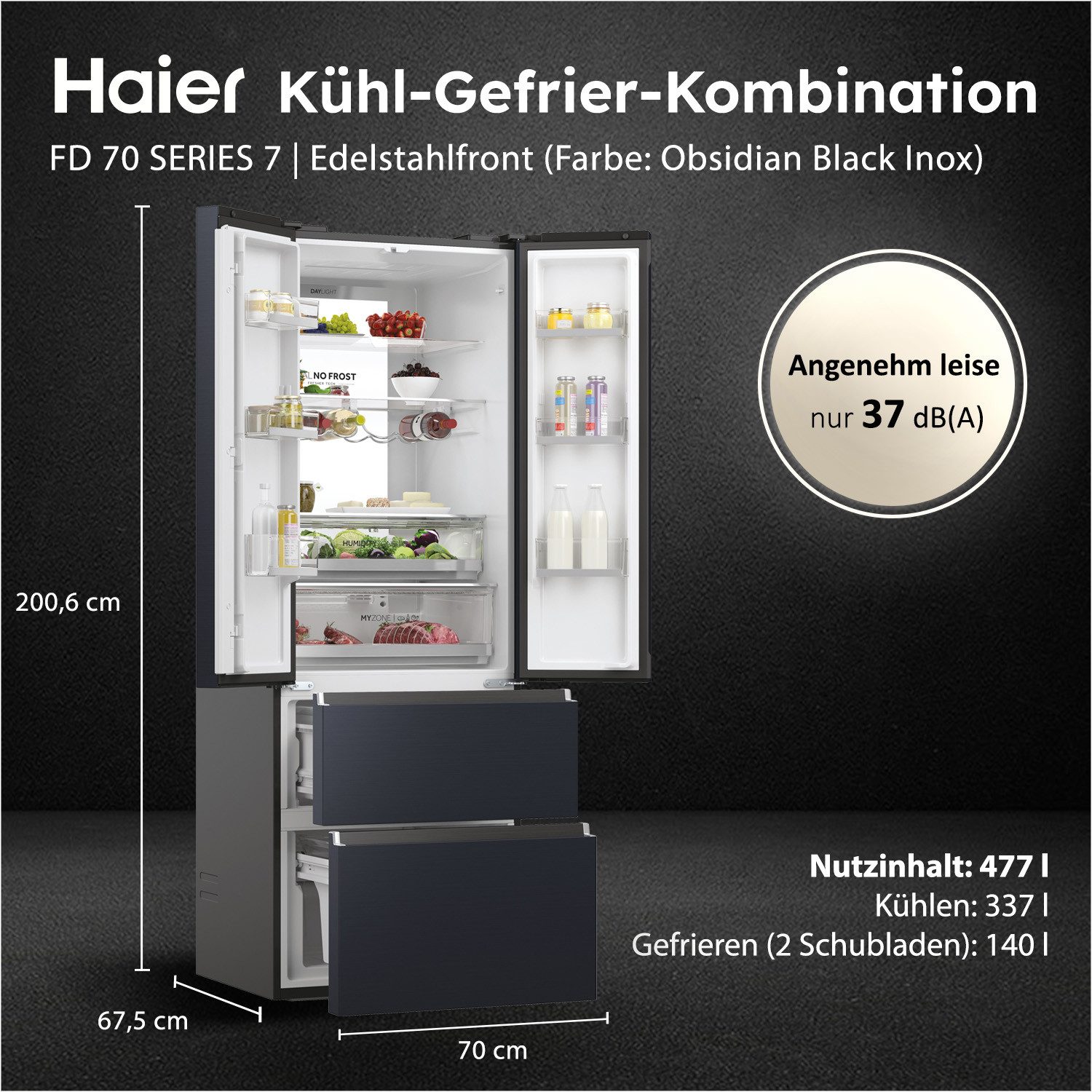 Haier French Door French Door 70 HFW7720ENMB, 200,6 cm hoch, 70 cm breit, 201 cm hoch, 70 cm breit, Easy Access-Gefrierschubladen
