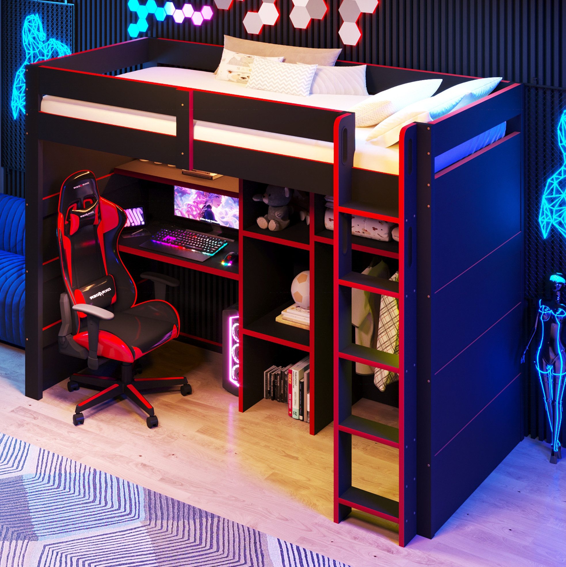 OKWISH Hochbett Gaming Etagenbett Schwarz Rot 90x200 cm Holz mit LED USB (Packung, 1-St., Schlafbett ohne Matratze für Gaming Zimmer und Jugendliche) Jugendbett mit Schreibtisch Kleiderschrank und Stauraum Fächern
