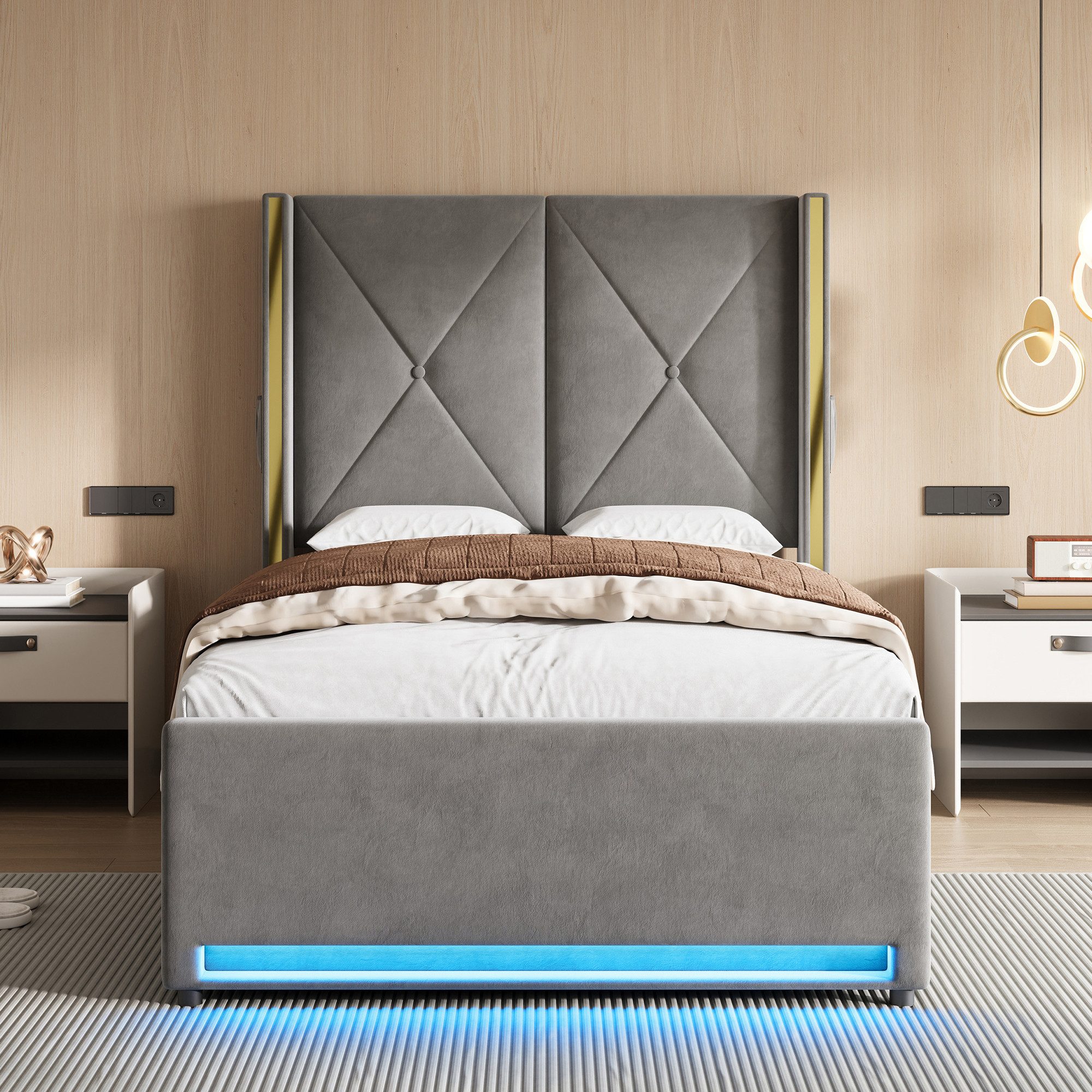 Celya Polsterbett Veloursbett mit LED, USB und Stauraum (ohne Matratze, mit hohem, weich gepolstertem und gestepptem Kopfteil), vereint Design, Komfort und Praktikabilität