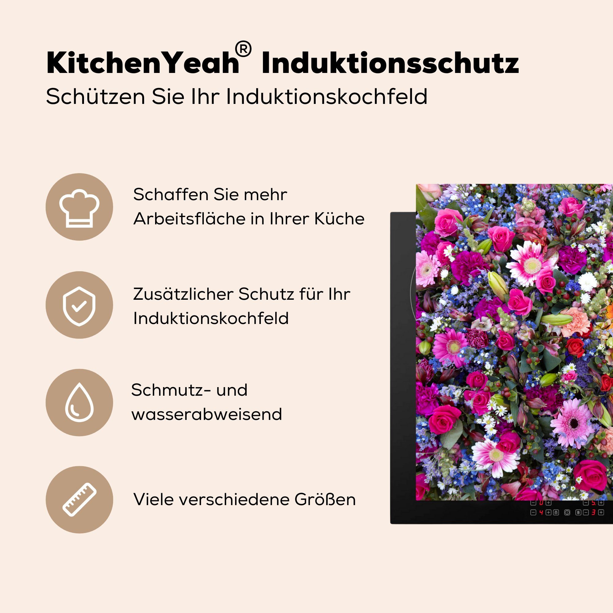 tlg), mit Farben, MuchoWow Schutz Induktionskochfeld Herdblende-/Abdeckplatte leuchtenden küche, 81x52 Design florales Ein die Ceranfeldabdeckung cm, Vinyl, (1 für