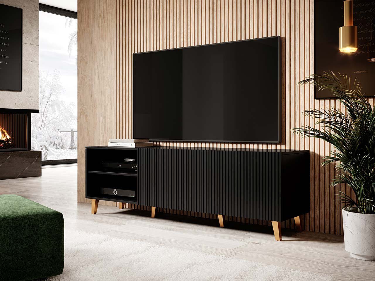 Schwarz / Türen, Pafos + TV-Schrank 2 150 Gold TV-Tisch Schwarz Modern mit TV-Kommode Mirjan24 Wohnzimmer