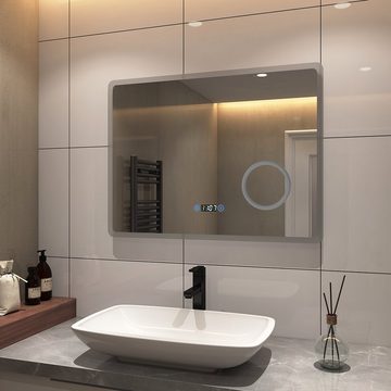 S'AFIELINA Badspiegel Badspiegel mit Beleuchtung Wandspiegel Rasierspiegel Energiesparend, Touchschalter,Uhr,Beschlagfrei,3-fach Vergrößerung,IP 54